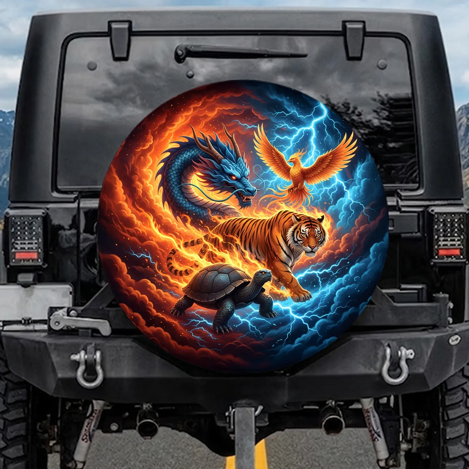 Four Mythical Beasts Dragon Tiger Phoenix Turtle Fiery Electric Energy - Fantasy Lover Gift Spare Tire Cover - 1