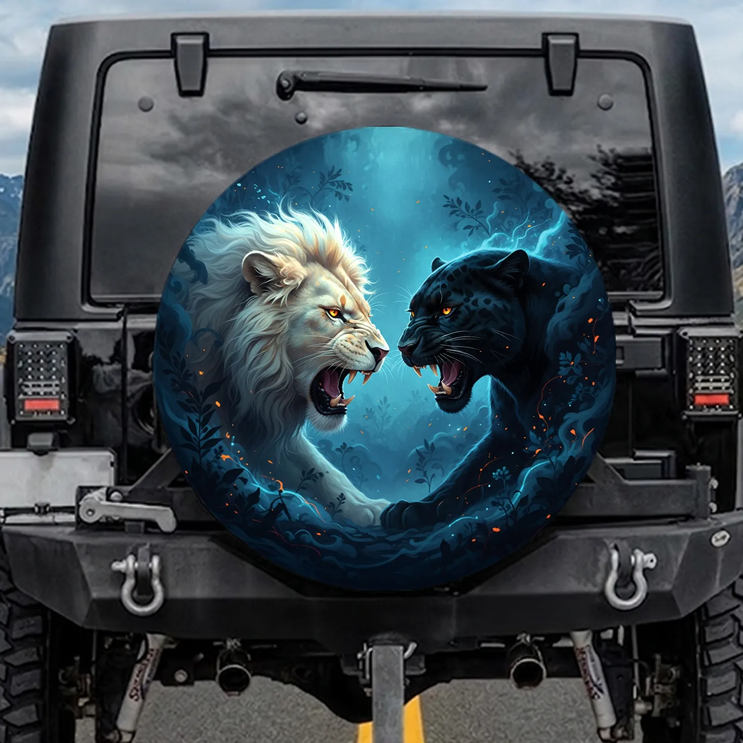 White Lion Black Panther Confrontation - Wildlife Lover Gift Spare Tire Cover - 1