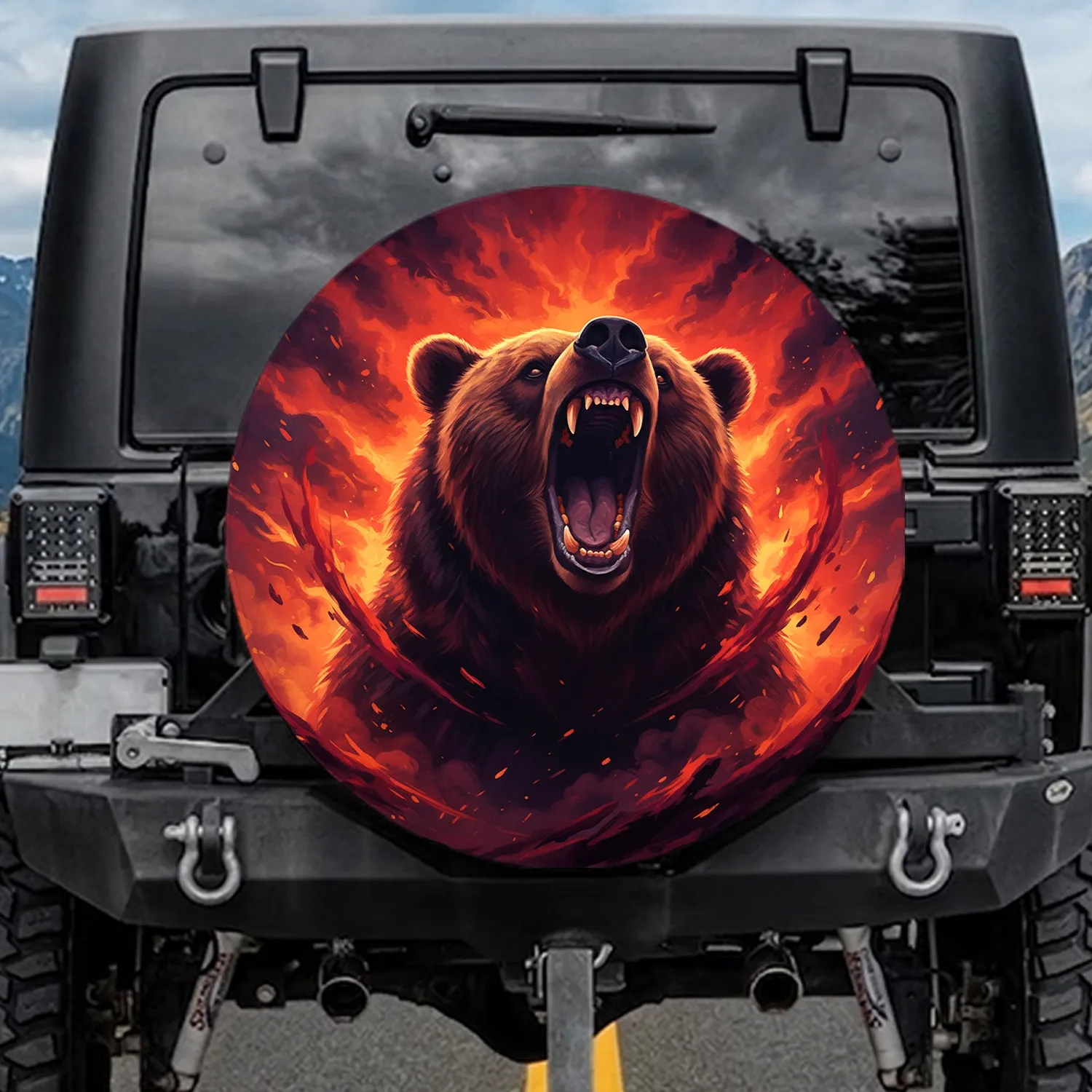 Grizzly Bear Roar Volcanic Sky - Wildlife Lover Gift Spare Tire Cover - 1