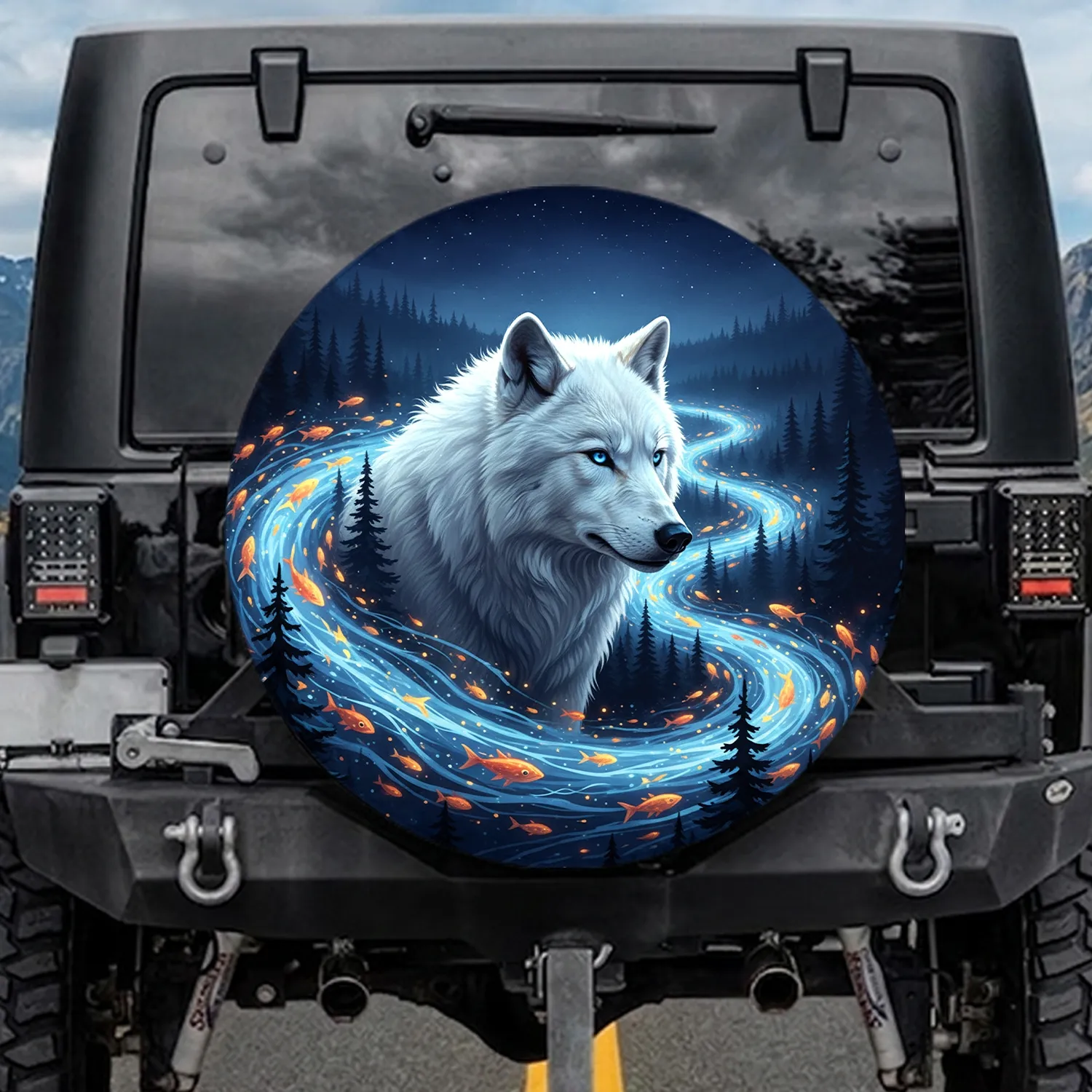 White Wolf Evergreen River Starry Night Sky - Wildlife Lover Vehicle Decor Spare Tire Cover - 1
