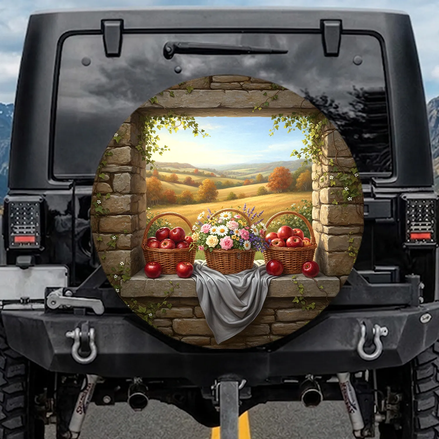 Rustic Stone Window Baskets Apples Flowers - Farmhouse Home Decor Gift Spare Tire Cover - 1