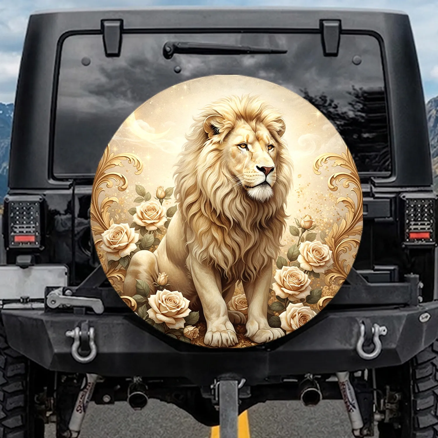 Majestic White Lion Golden Roses Crescent Moon Stars - Wildlife Decor Gift Spare Tire Cover - 1