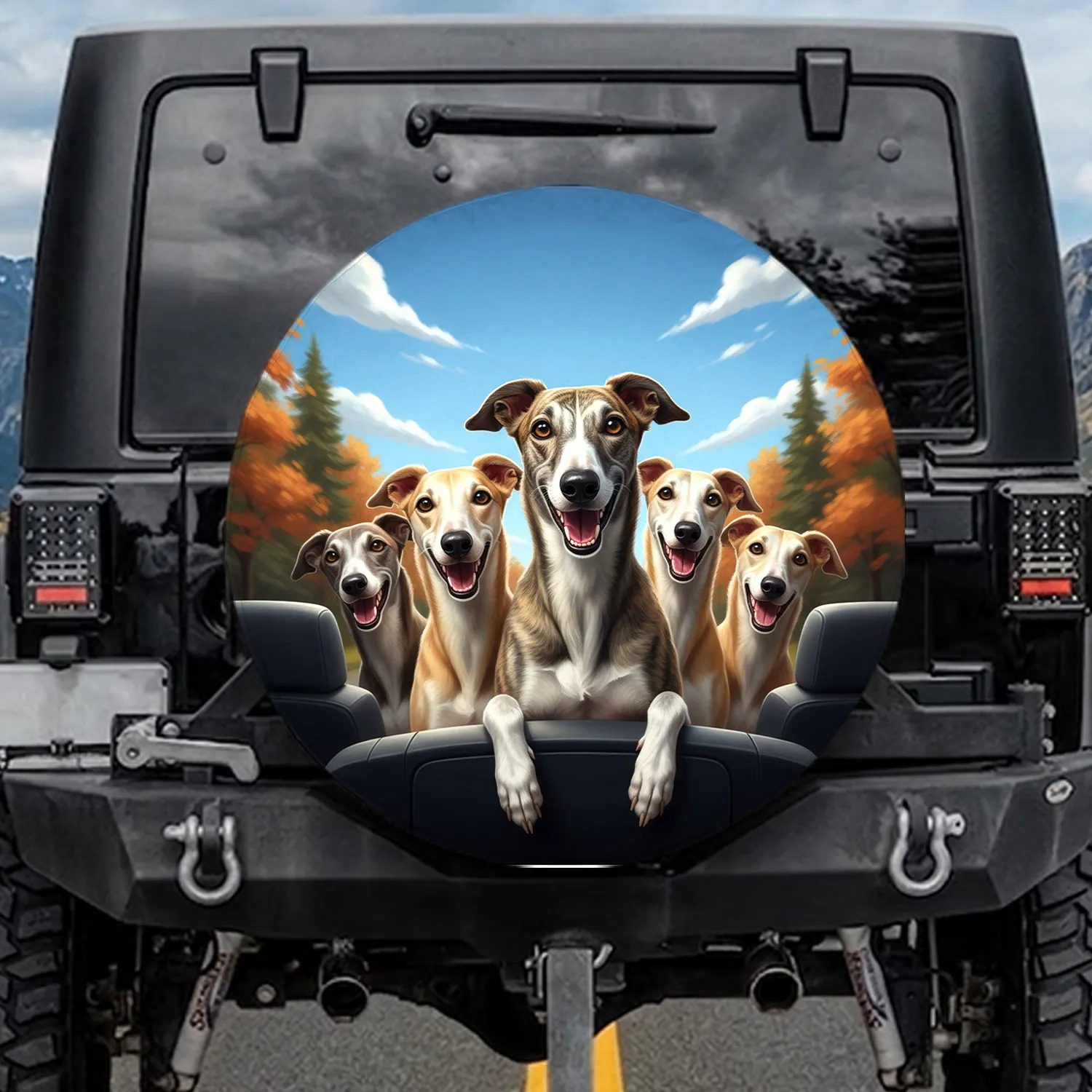 Brindle Fawn Greyhounds Open Road Travel - Adventure Dog Lover Gift Spare Tire Cover - 1