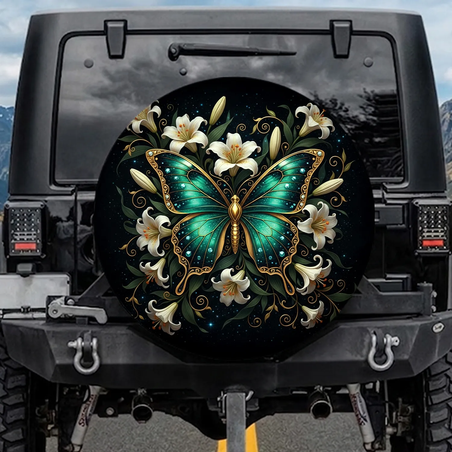 Emerald Teal Butterfly Golden Lilies Foliage - Mystical Stardust Decor Gift for Home Spare Tire Cover - 1