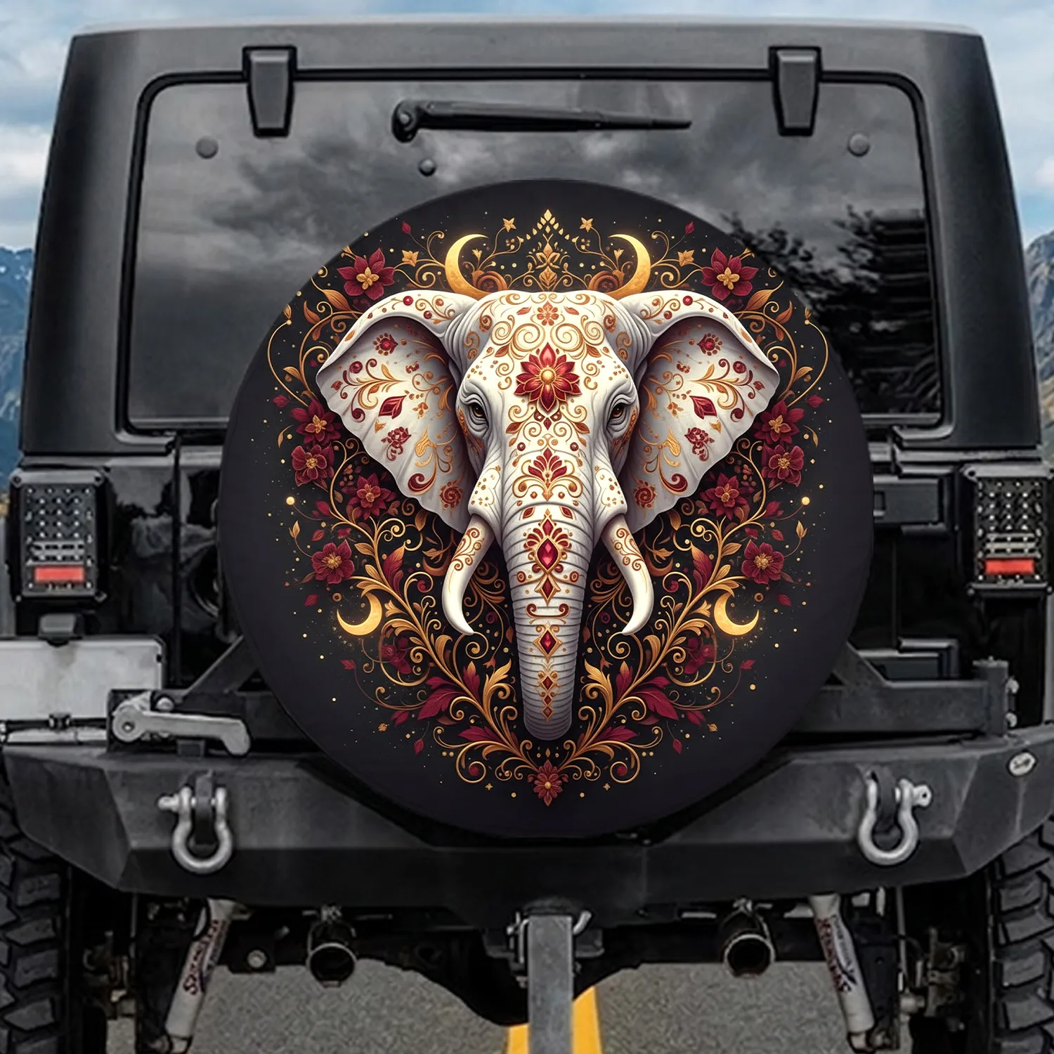 White Elephant Head Golden Filigree - Vehicle Decor Gift for Elephant Lover Spare Tire Cover - 1