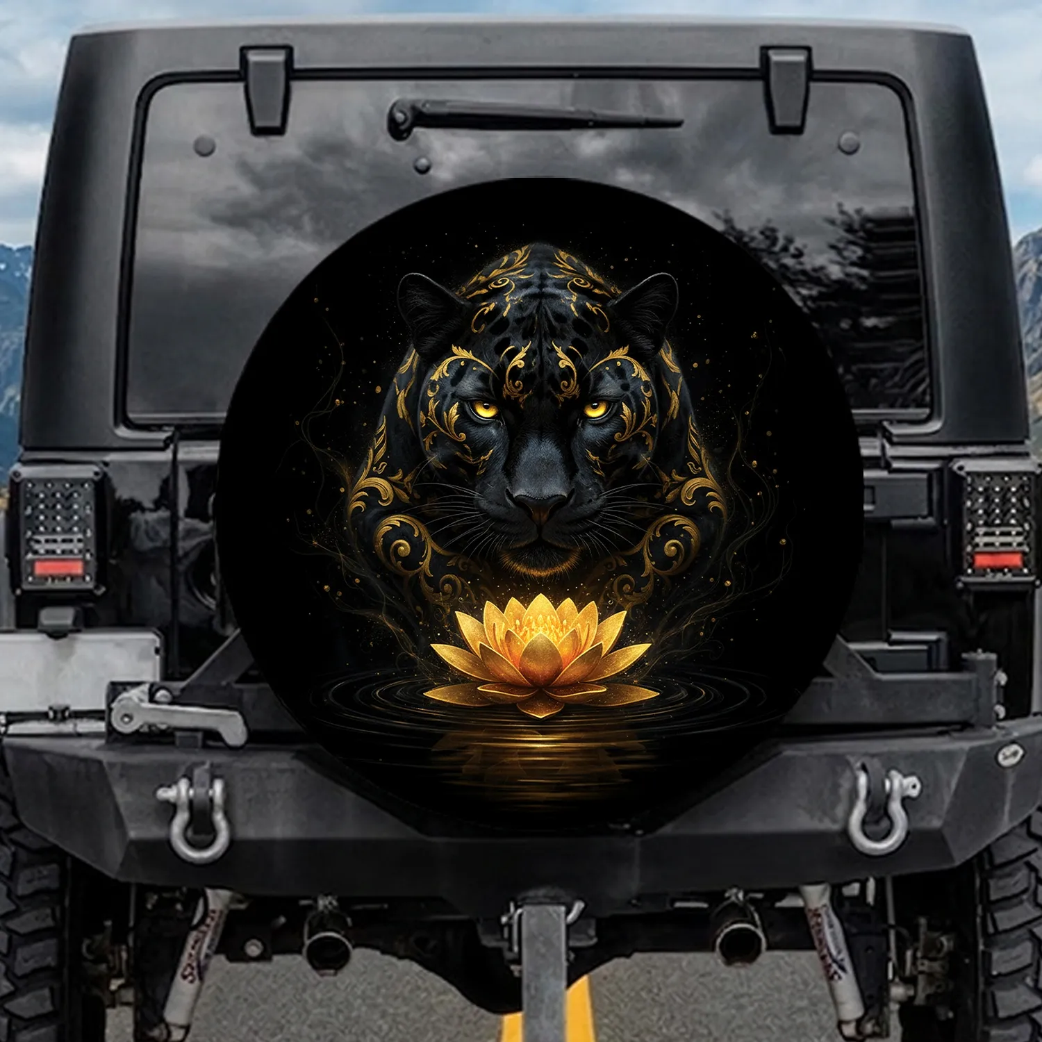 Black Gold Panther Yellow Eyes Golden Lotus Water Reflections - Wildlife Lover Gift Spare Tire Cover - 1