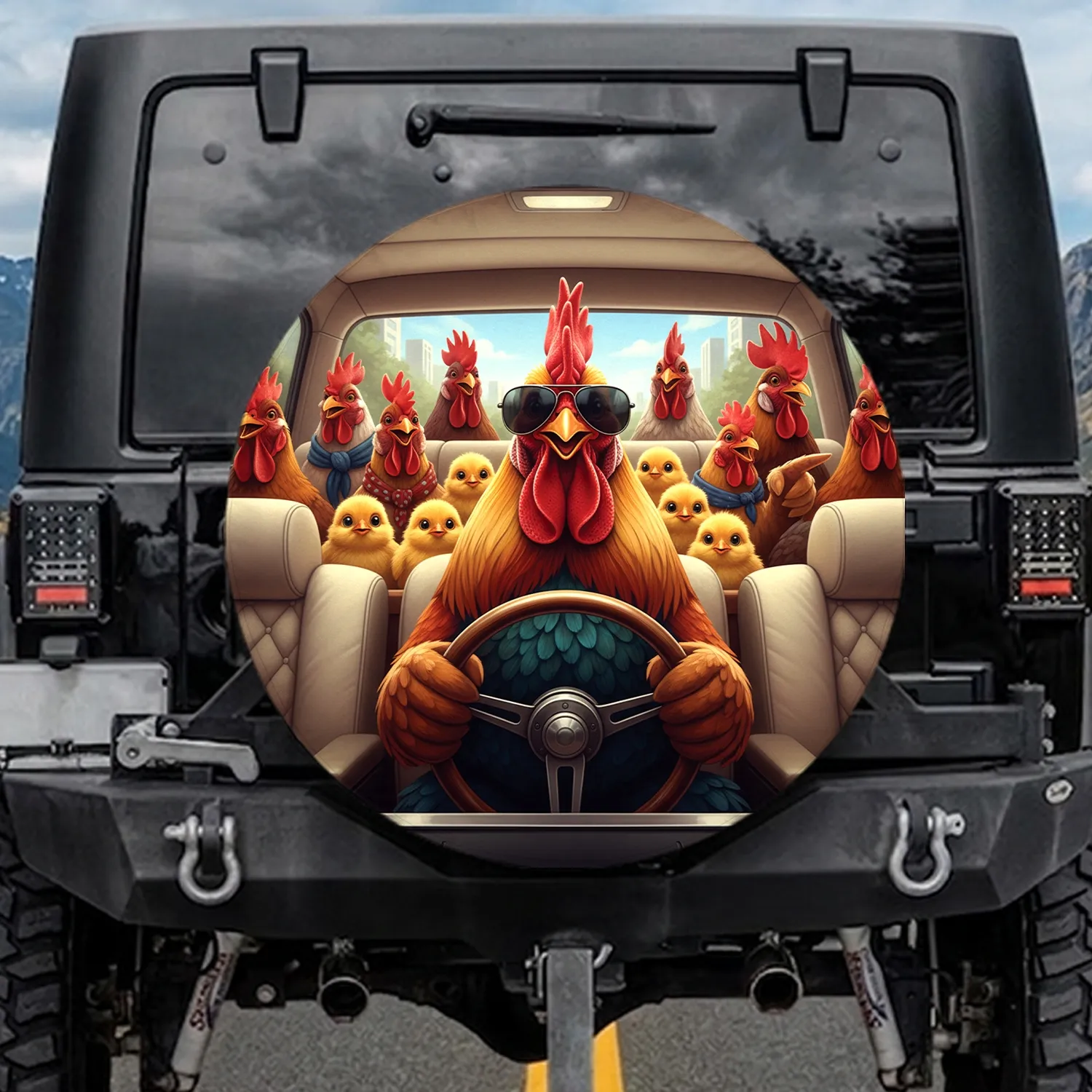 Rooster Driving Car with Chickens - Farmhouse Decor Gift for Animal Lovers and Rooster Fans Spare Tire Cover - 1