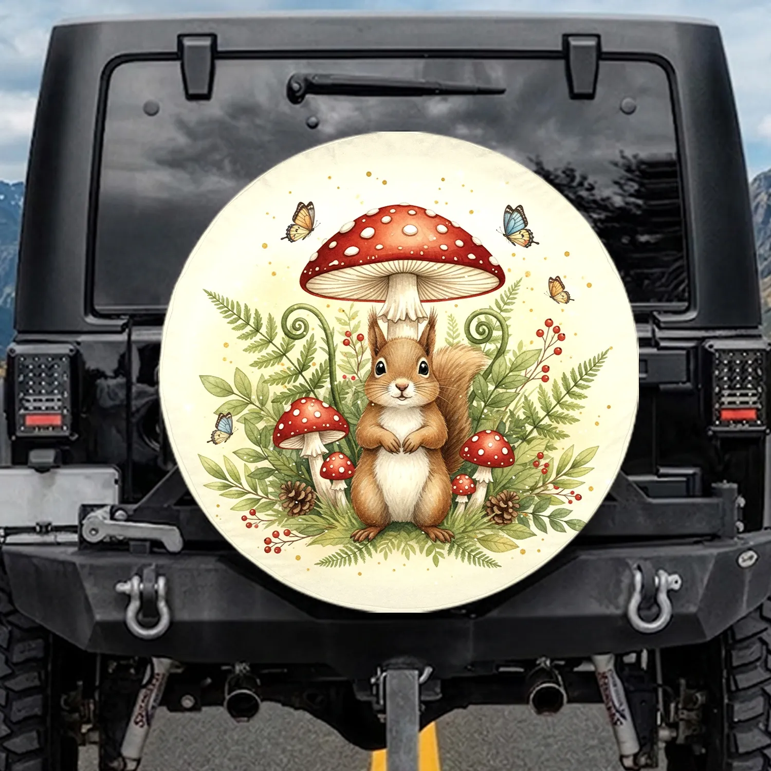 Fluffy Brown Squirrel Spotted Toadstool Mushroom Woodland - Wildlife Lover Gift Spare Tire Cover - 1