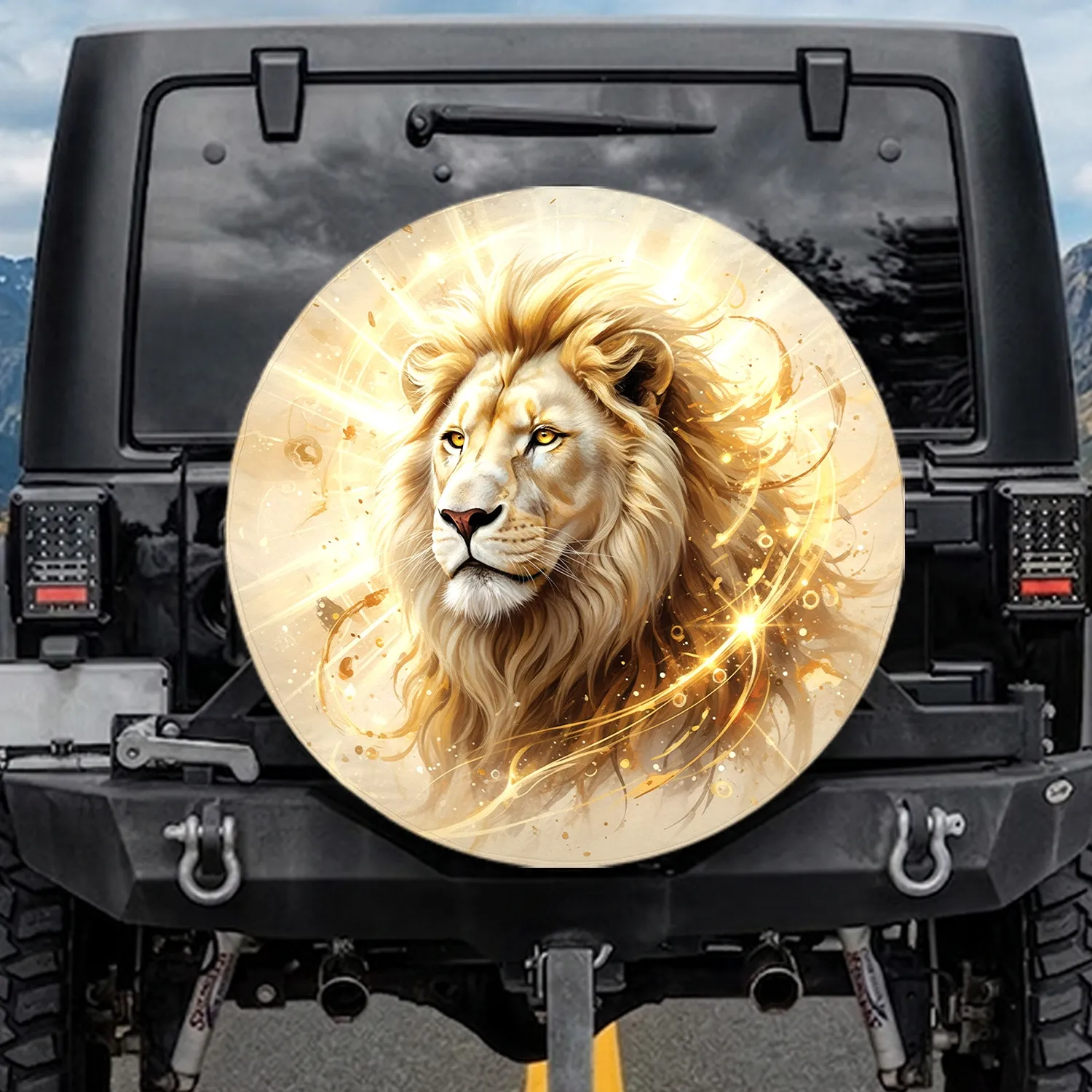 Confident White Lion Golden Eyes Golden Mane Radiant Aura - Wildlife Lover Gift for Safari Spare Tire Cover - 1