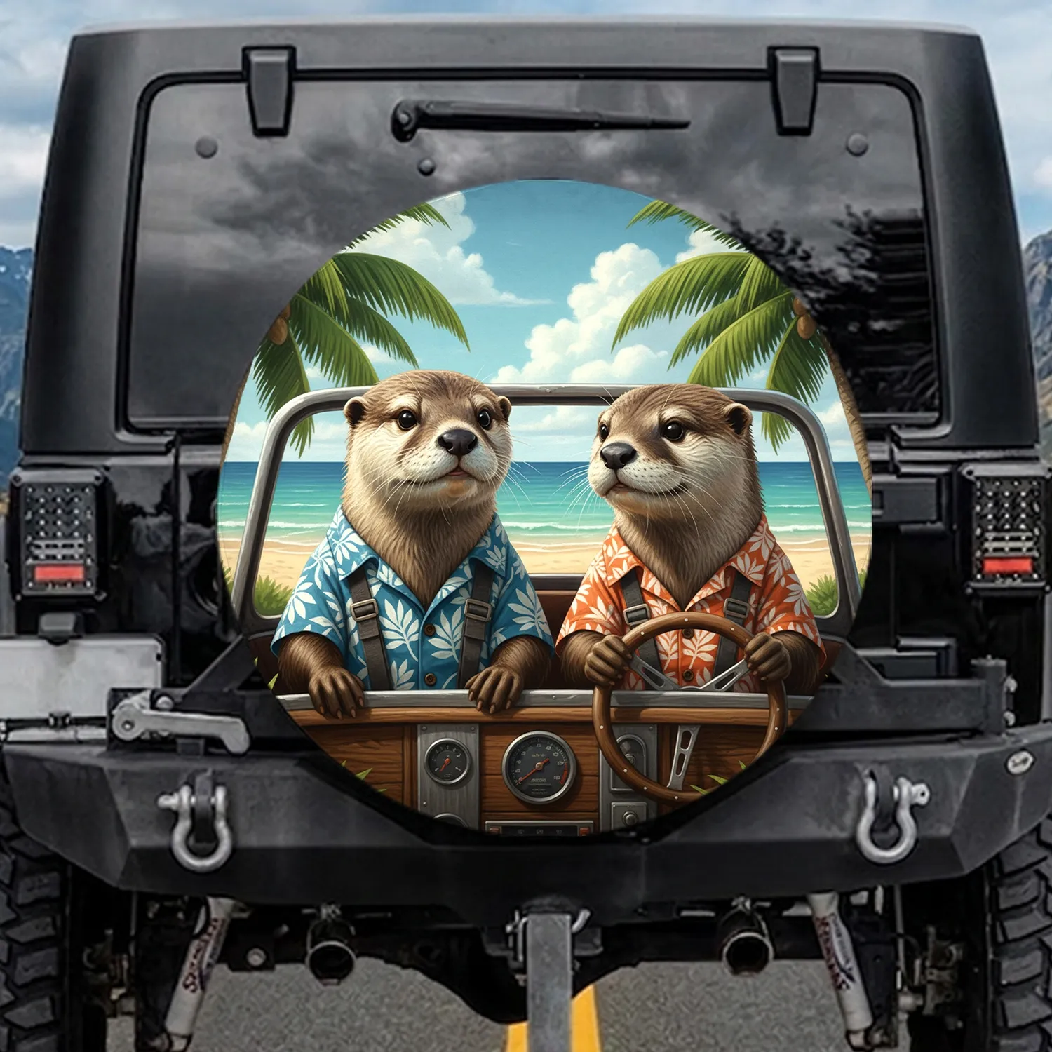 Otters Hawaiian Shirts Steering Wheel - Tropical Beach Travel Gift for Otter Lovers Spare Tire Cover - 1