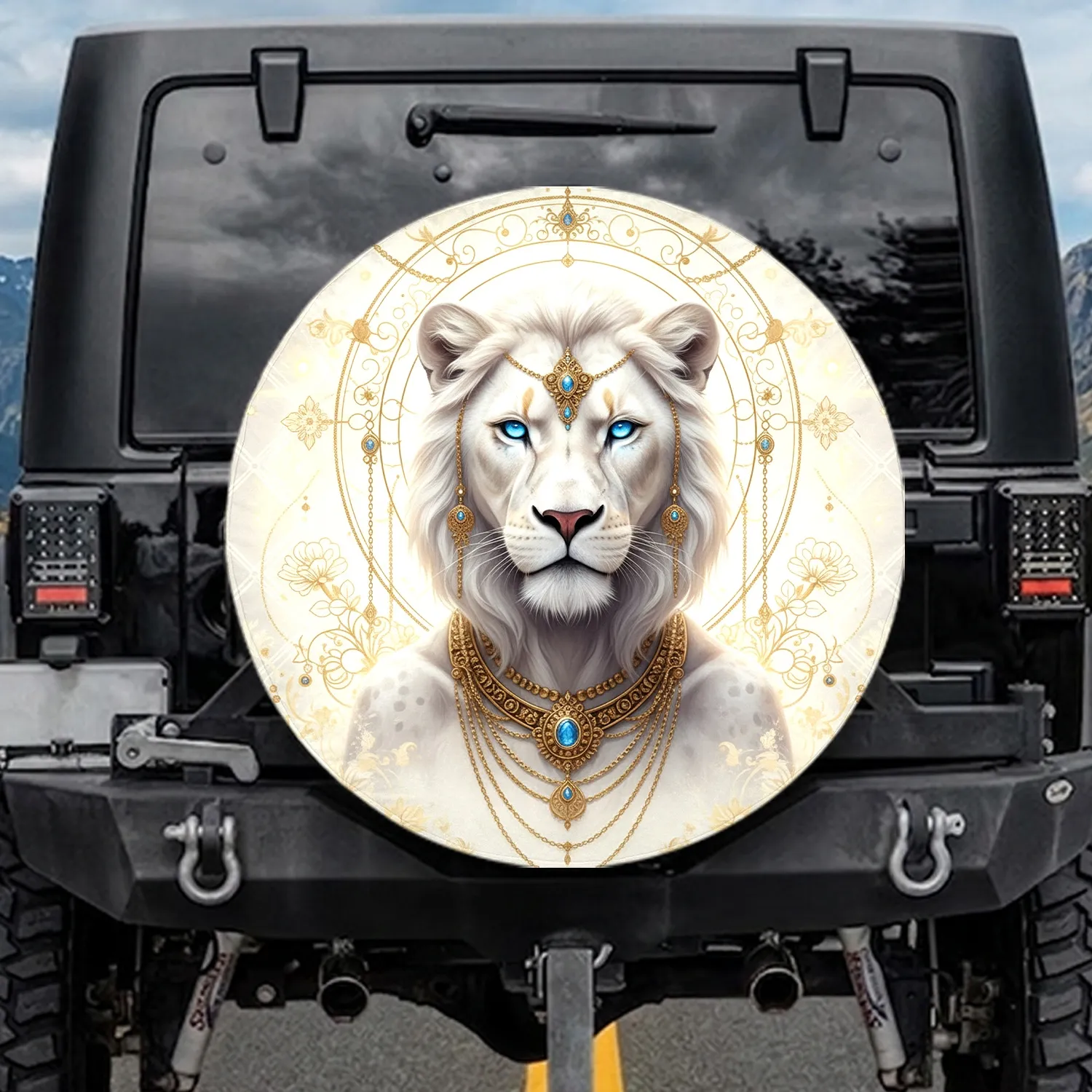 White Lioness Gold Jewelry Blue Eyes Celestial Halos - Wildlife Lover Gift for Truck SUV Spare Tire Cover - 1
