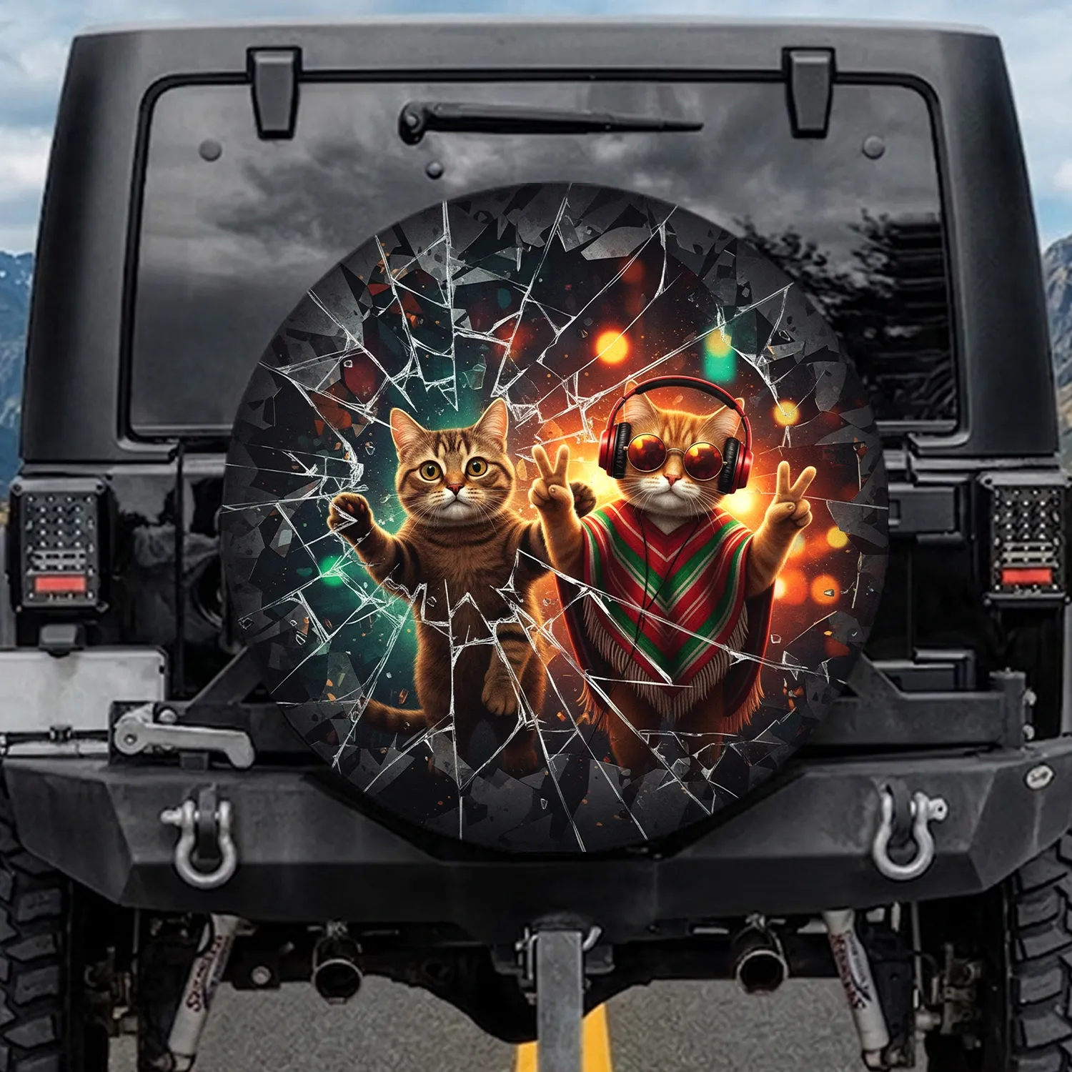Tabby Cats Headphones Sunglasses Peace Signs Shattered Glass - Cat Lover Gift Spare Tire Cover - 1