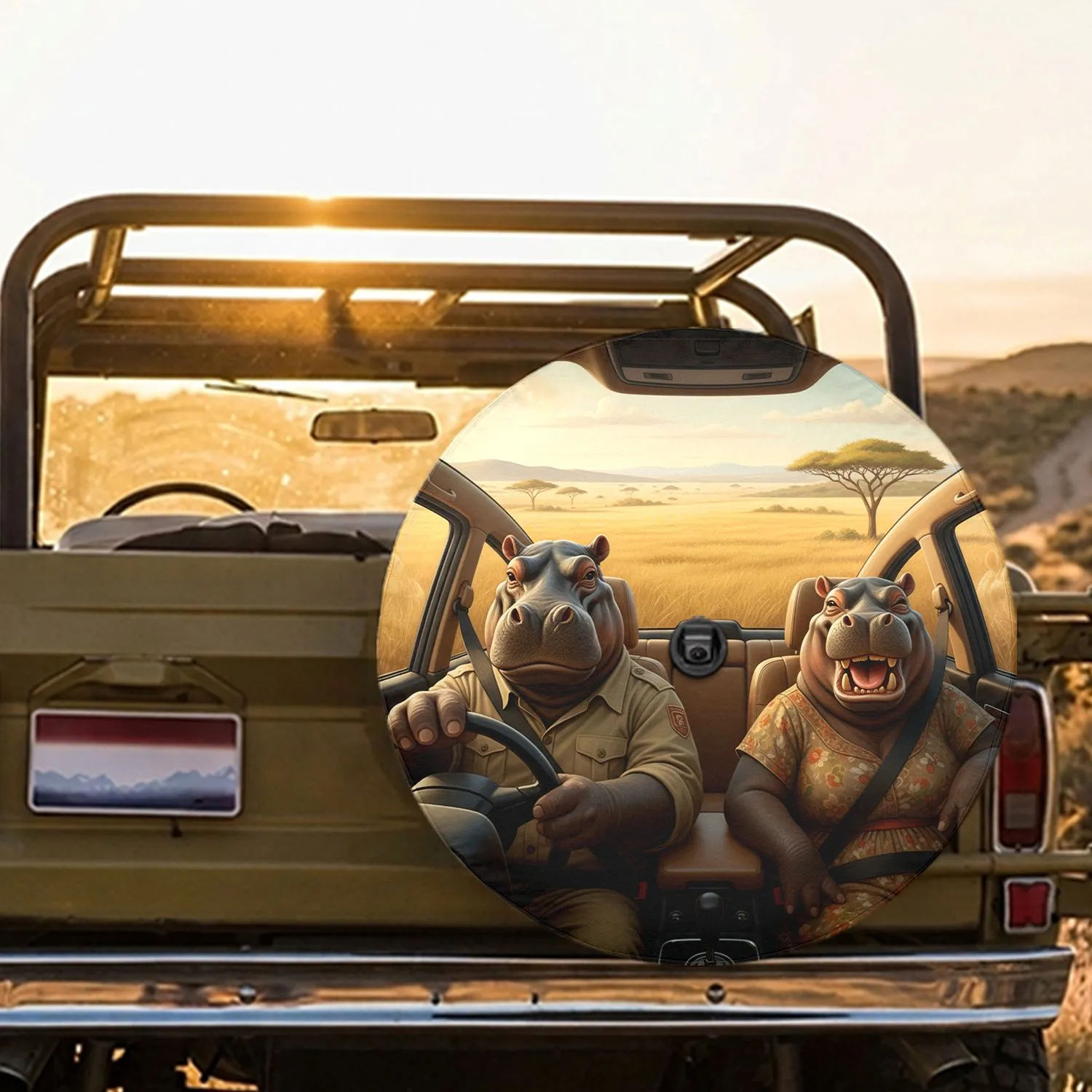 Hippos Driving Car Savanna Adventure - Wildlife Lover Gift Spare Tire Cover - 1