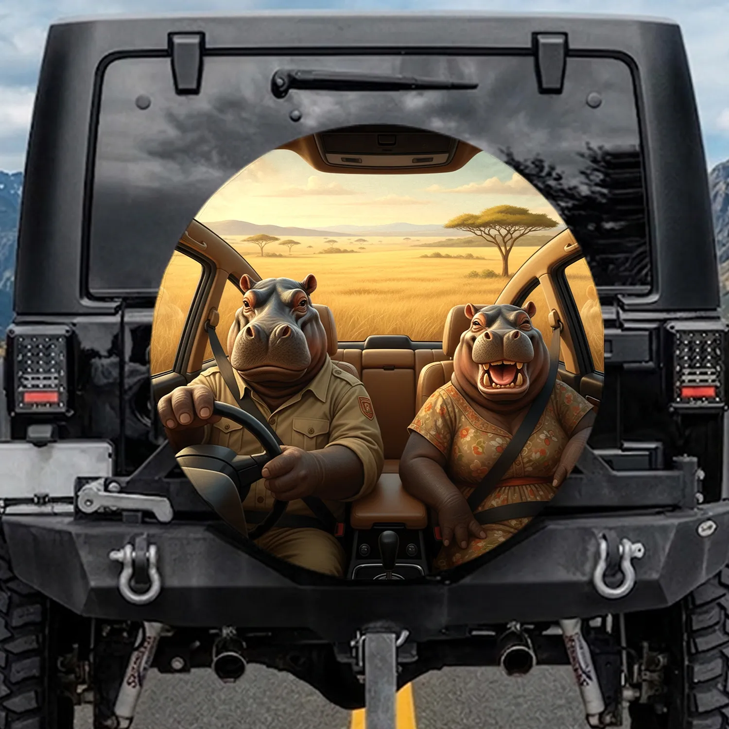 Hippos Driving Car Savanna Adventure - Wildlife Lover Gift Spare Tire Cover - 1