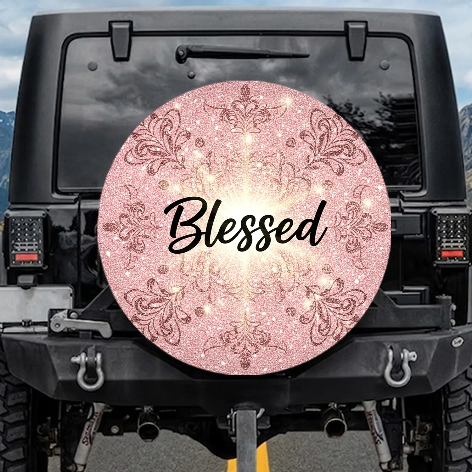 Blessed Script Golden Dust Shimmering Light Flares Delicate Flourish - Faith Lifestyle Gift Spare Tire Cover - 1