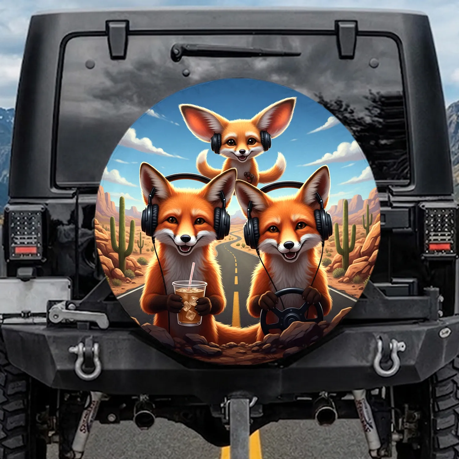 Red Foxes Headphones Iced Beverage Desert Road - Fox Lover Travel Gift Spare Tire Cover - 1