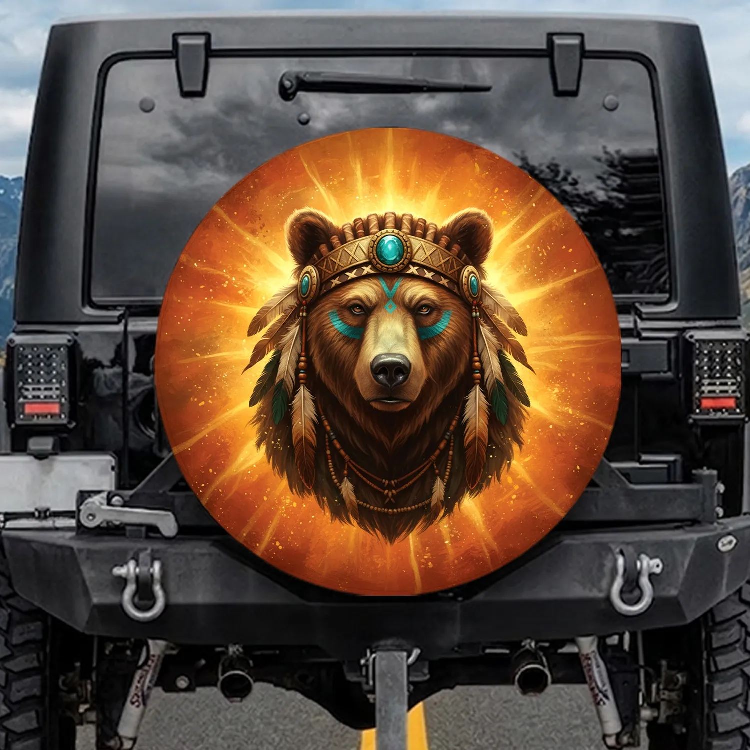 Brown Bear Indigenous Headdress - Wildlife Lover Cultural Gift Spare Tire Cover - 1