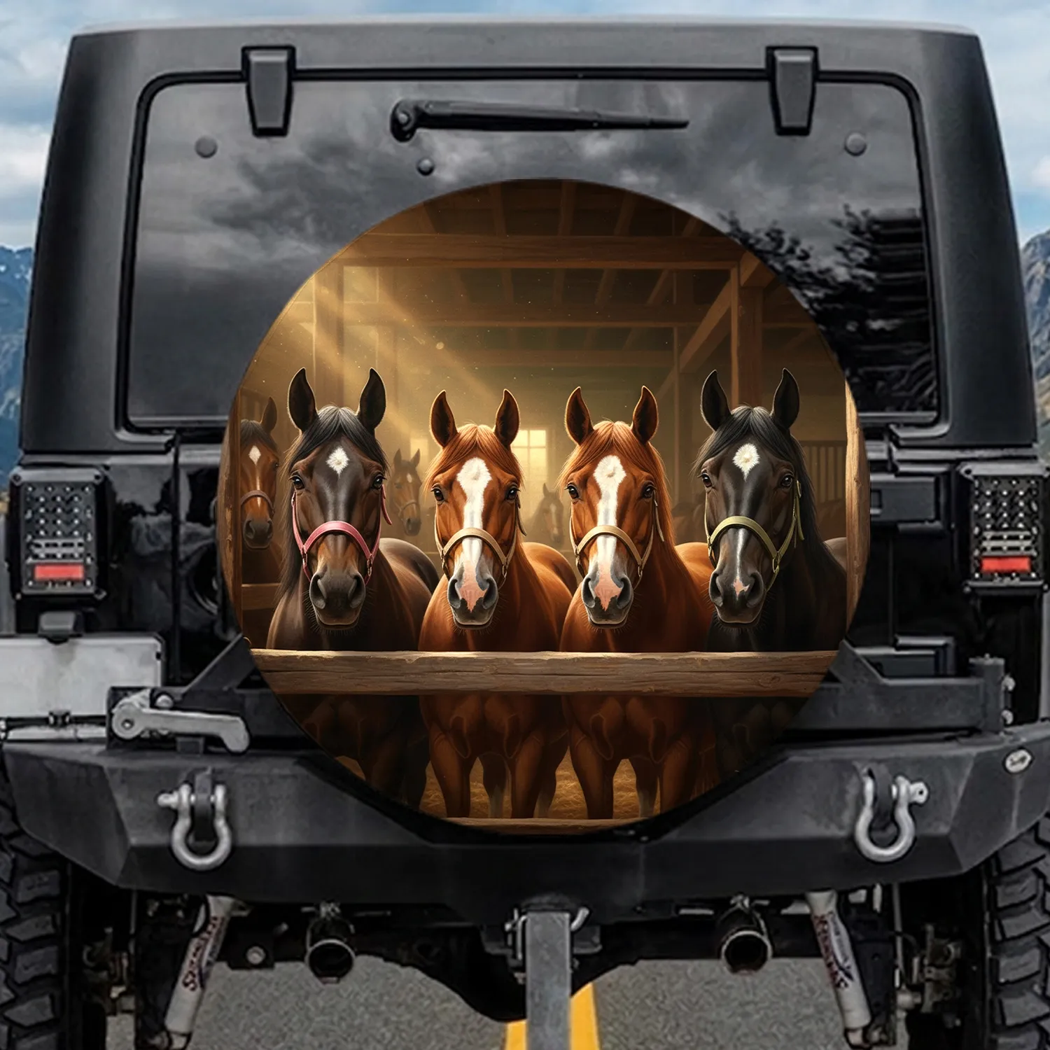 Four Inquisitive Horses Wooden Fence - Equestrian Lover Farmhouse Gift Spare Tire Cover - 1