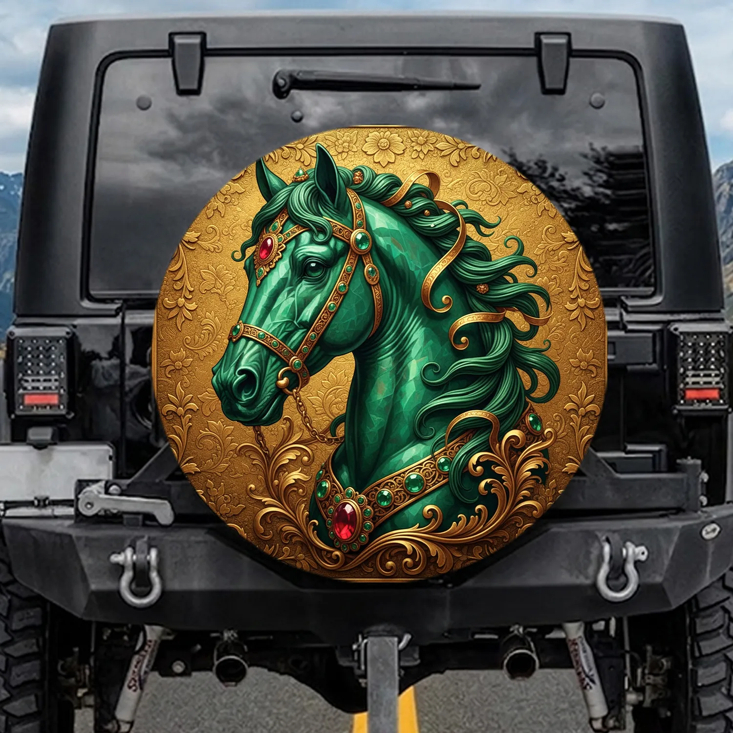 Emerald Horse Head Gold Filigree - Equestrian Decor Gift for Fantasy Lover Spare Tire Cover - 1