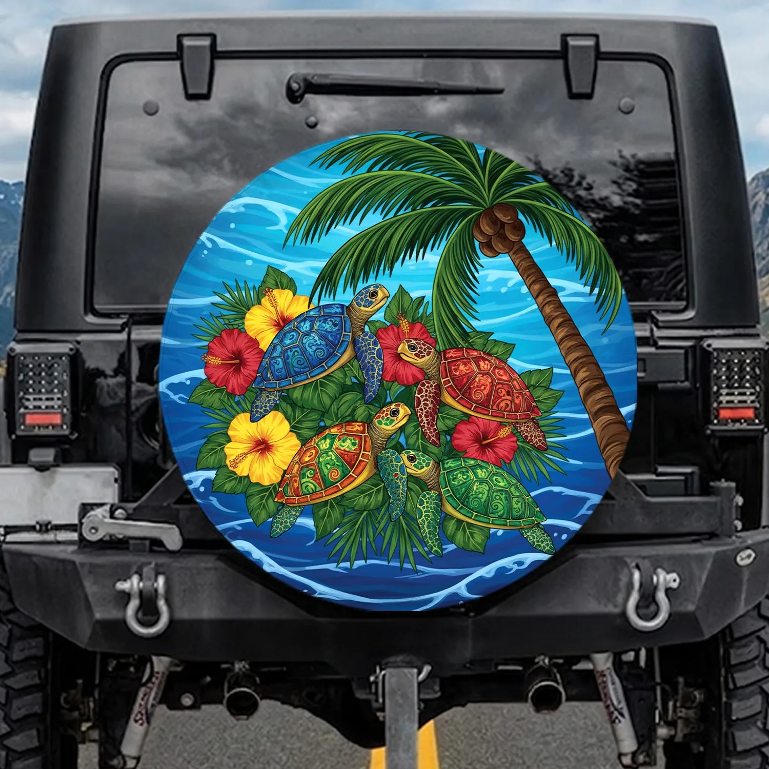 Sea Turtle Hibiscus Palm Tree Ocean Waves - Wildlife Lover Gift Spare Tire Cover - 1