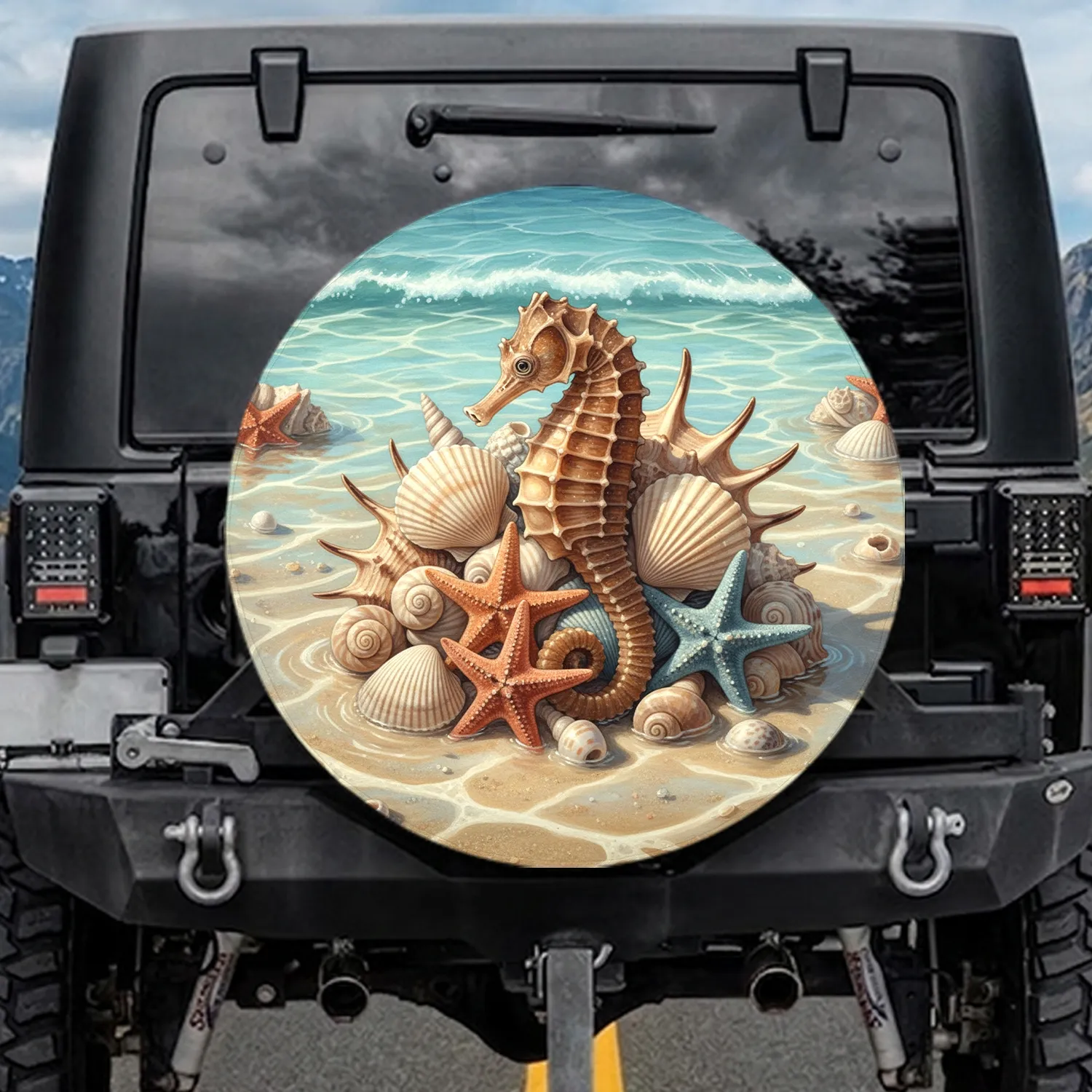 Seahorse Seashell Starfish Marine Life Ocean Floor Scene - Coastal Living Decor Gift for Beach Lovers Spare Tire Cover - 1