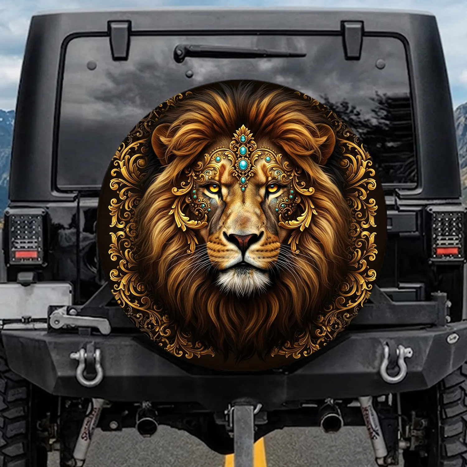 Lion Face Golden Filigree Baroque Rococo - Wildlife Lover Gift for Lion Collector Spare Tire Cover - 1
