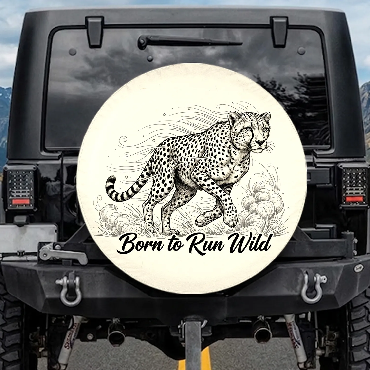 Mid-Run Cheetah with Powerful Legs 'Born to Run Wild' Text - Wildlife Lover Gift Spare Tire Cover - 1