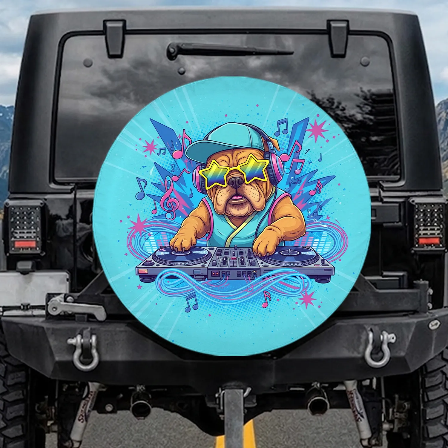 Bulldog DJ Turntables Neon Glow Music - Music Lover Gift for DJ Enthusiast Spare Tire Cover - 1