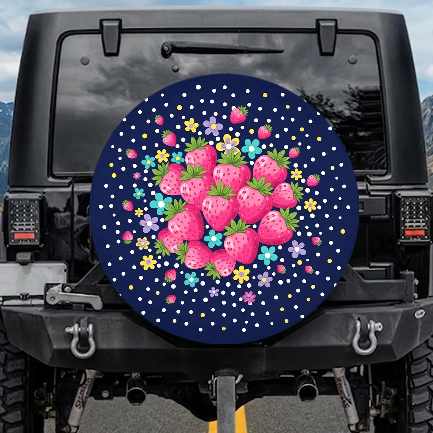 Navy Blue Strawberries Lavender Flowers Polka Dots - Everyday Home Decor Gift Spare Tire Cover - 1