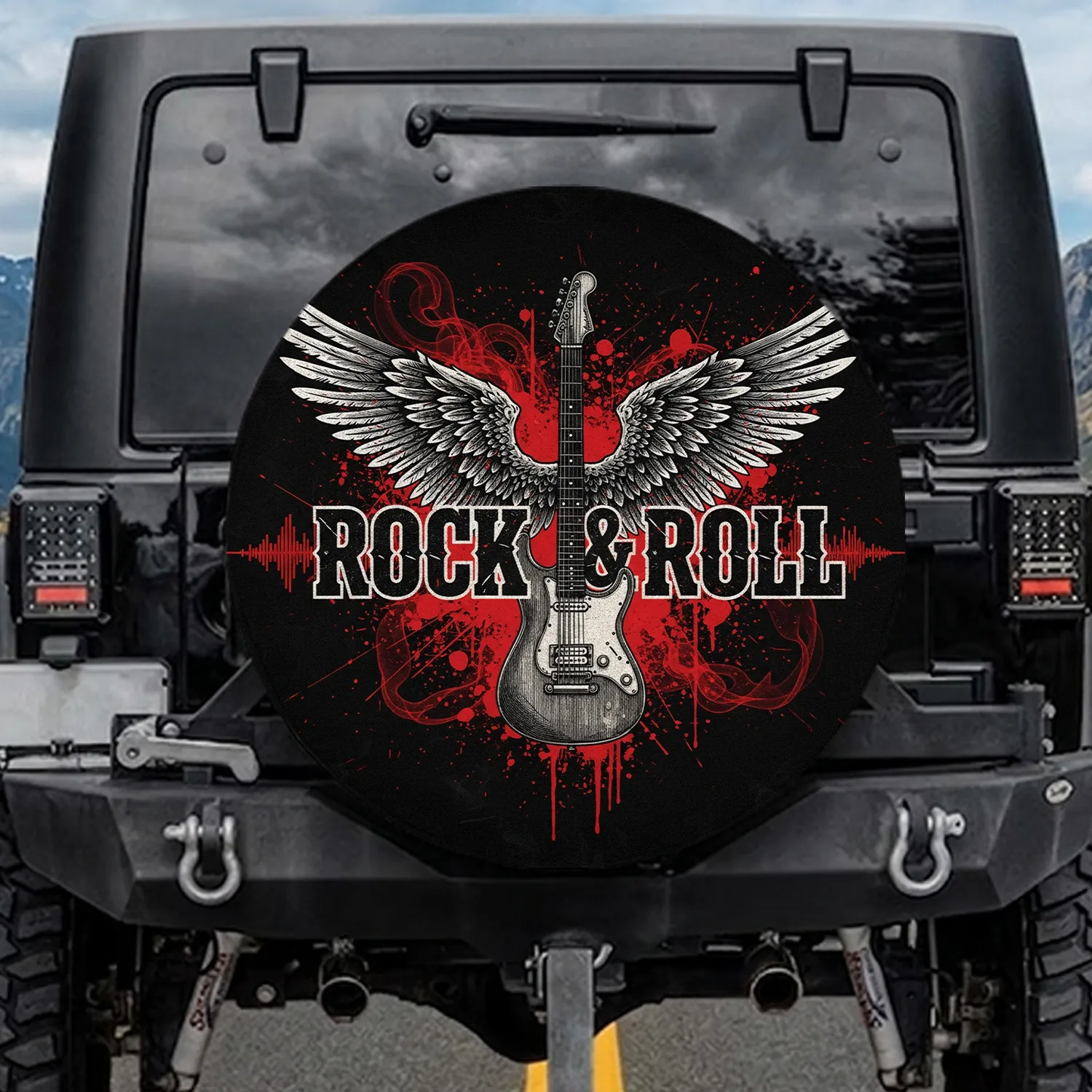 Electric Guitar Feathered Wings Rock & Roll Text - Road Trip Driving Music Lover Gift Spare Tire Cover - 1