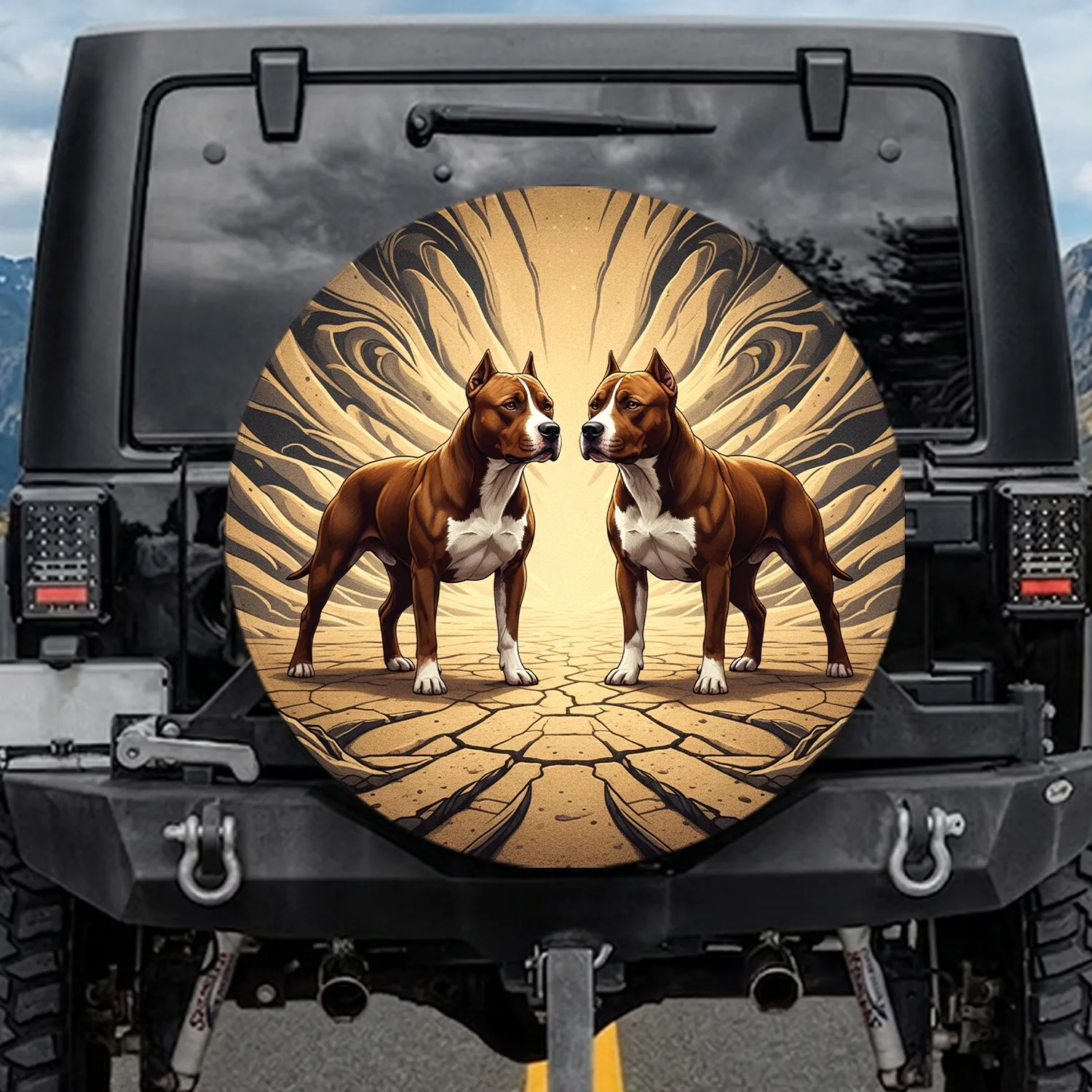 Two American Staffordshire Terriers Rugged Earth Scene - Home Decor Gift for Dog Lovers Spare Tire Cover - 1