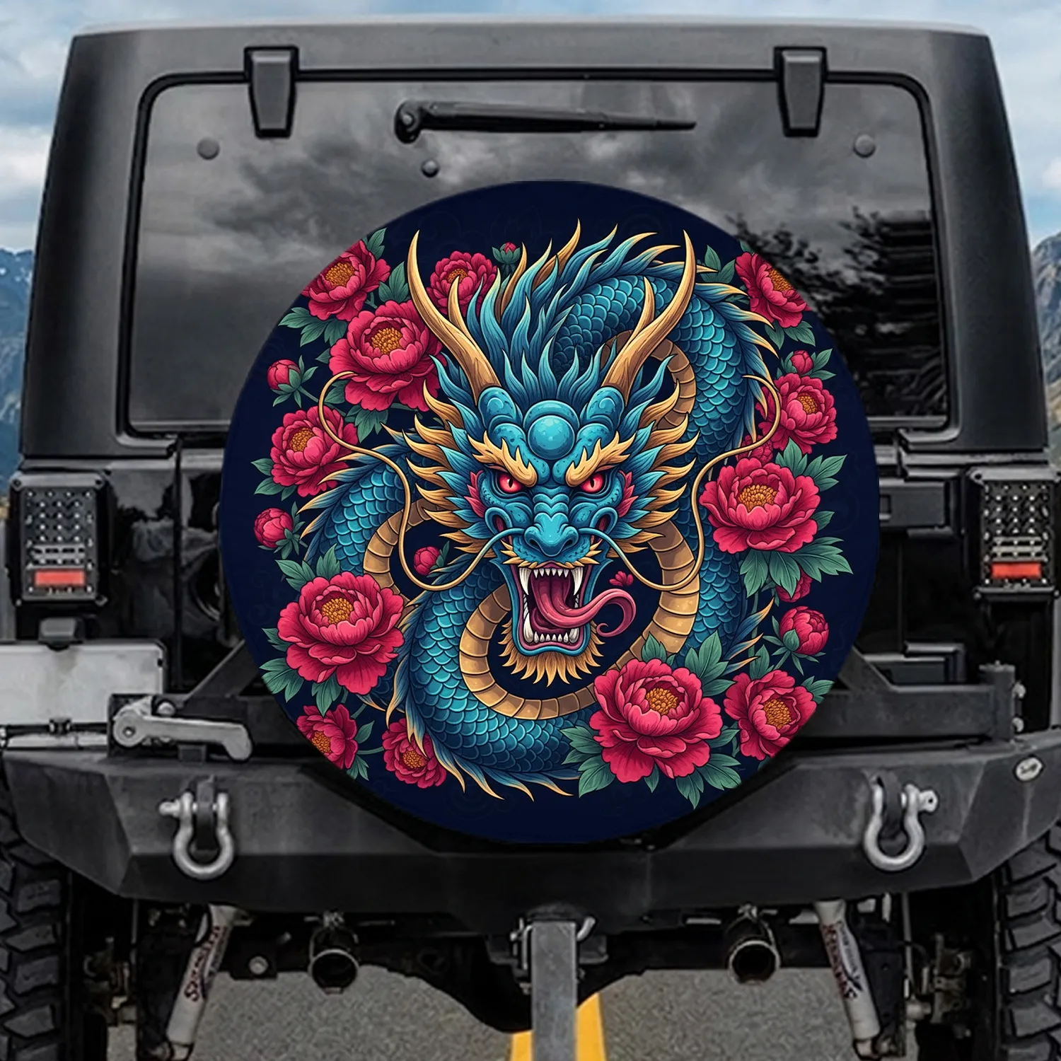 Fierce Eastern Dragon Head Blue Teal Scales Golden Horns Peonies - Dragon Lover Gift Spare Tire Cover - 1