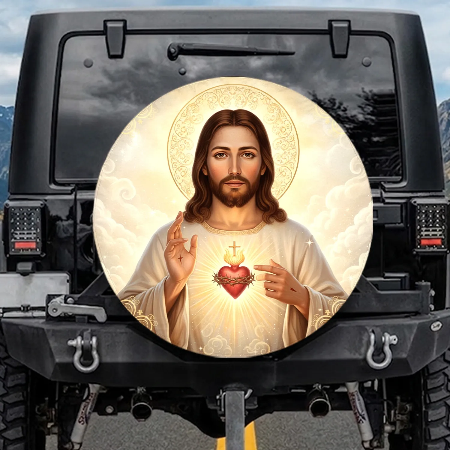 Jesus Christ Sacred Heart Golden Aura - Spiritual Journey Gift for Christian Believers Spare Tire Cover - 1