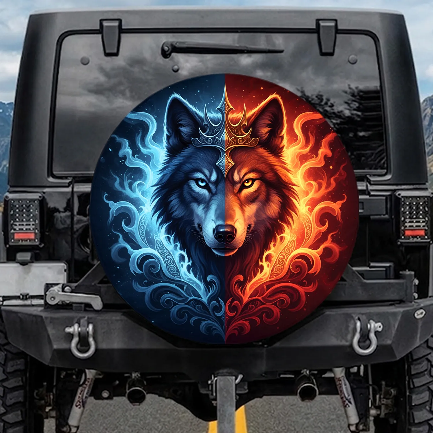 Swirling Ornate Crown Ice Fire Energy Wolf Head - Wildlife Lover Gift Spare Tire Cover - 1