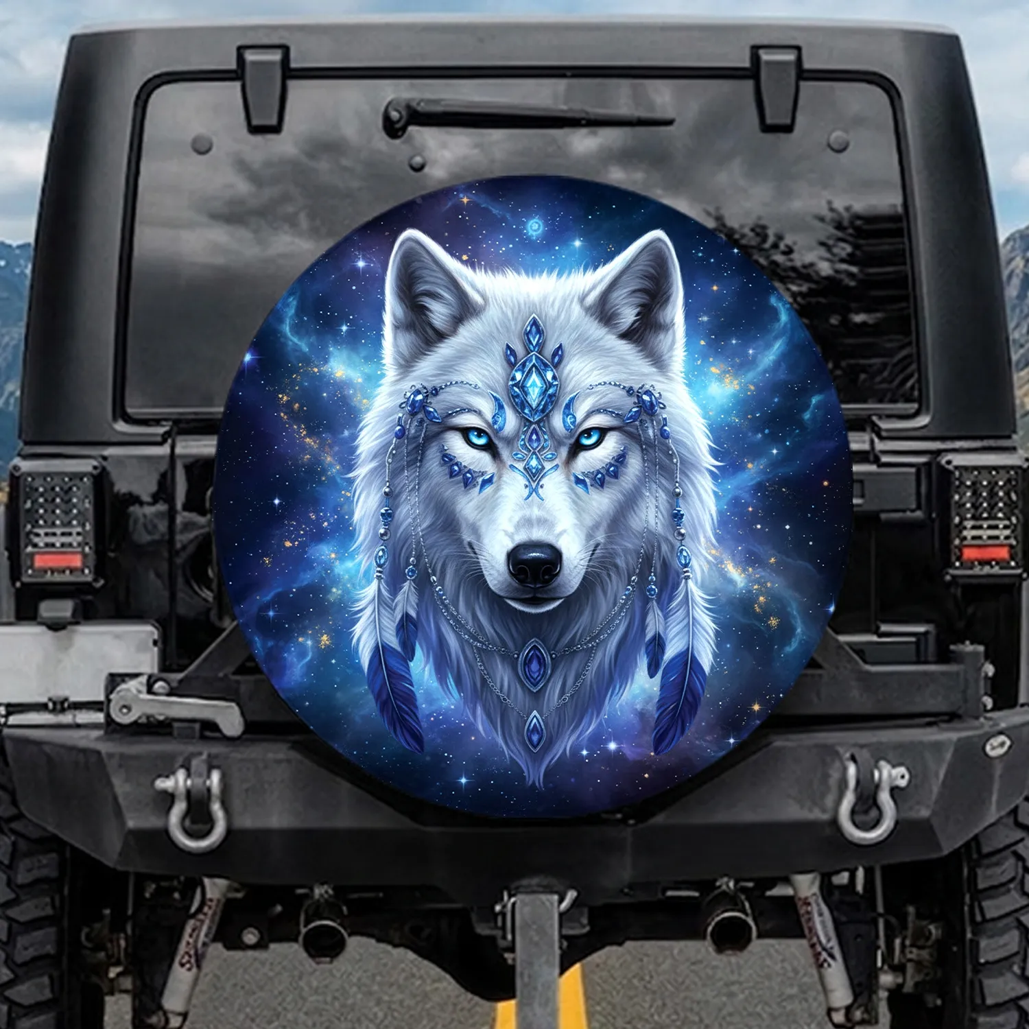 White Wolf Tribal Gemstone Galaxy - Fantasy Lover Gift Spare Tire Cover - 1