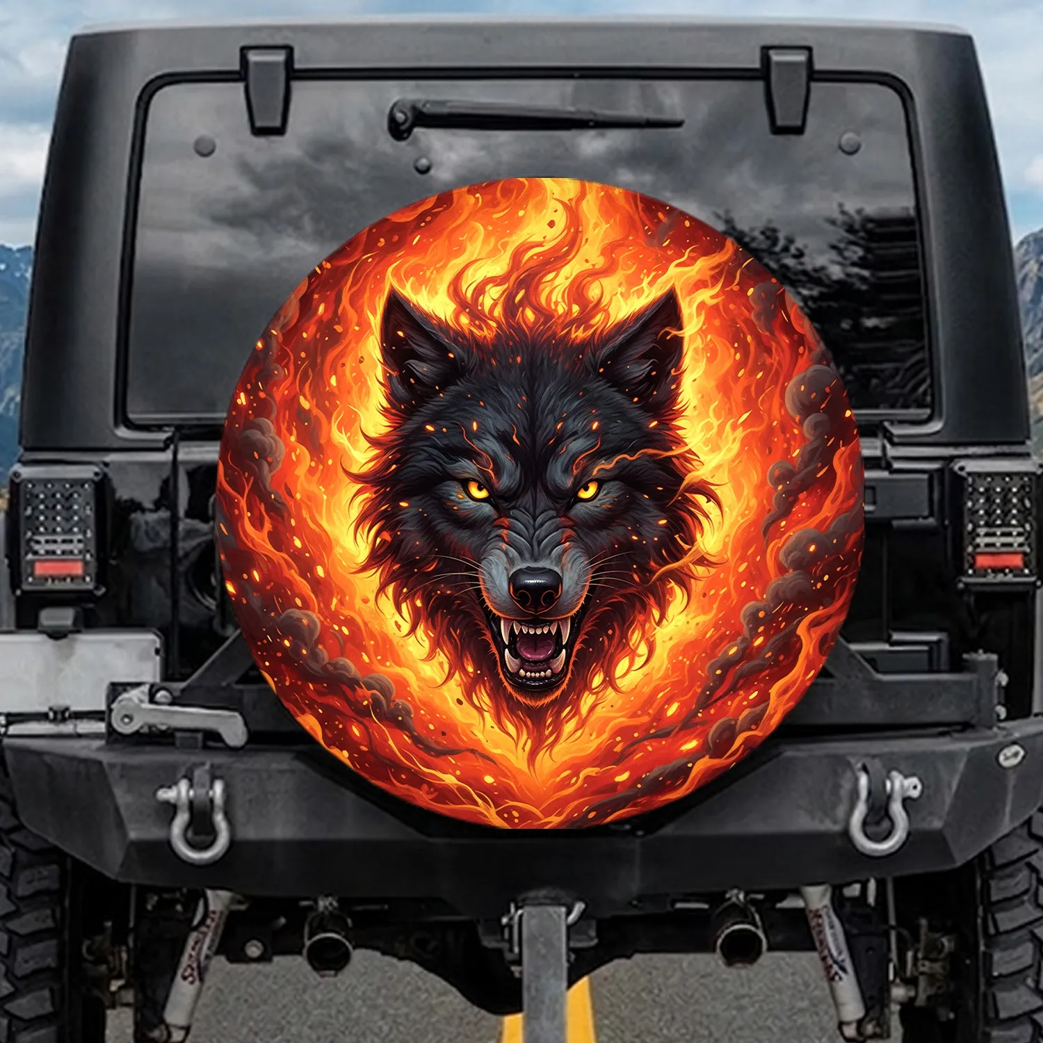 Snarling Black Wolf Head Glowing Yellow Eyes Fiery Storm Inferno - Wildlife Lover Gift Spare Tire Cover - 1