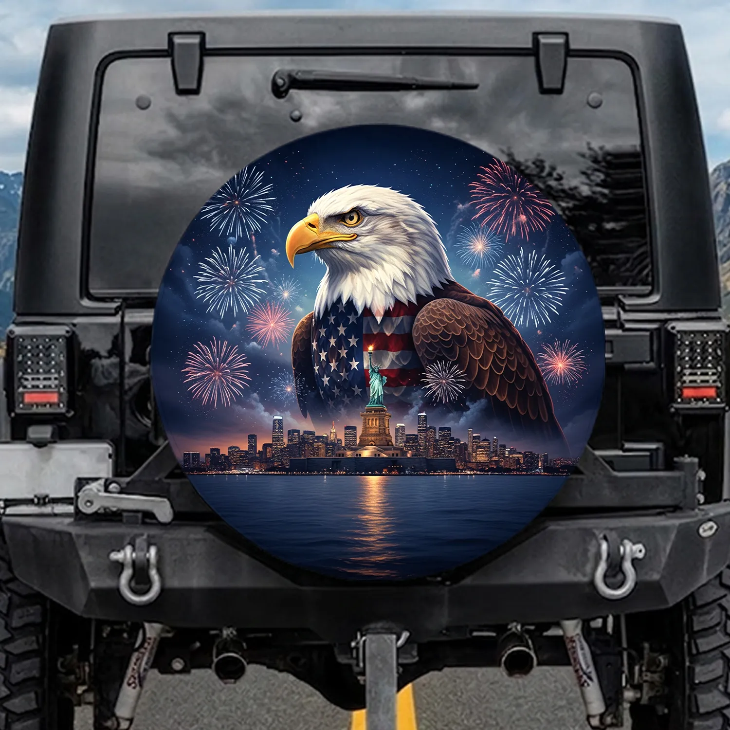 Bald Eagle American Flag City Fireworks - Independence Day Gift for Veterans Spare Tire Cover - 1