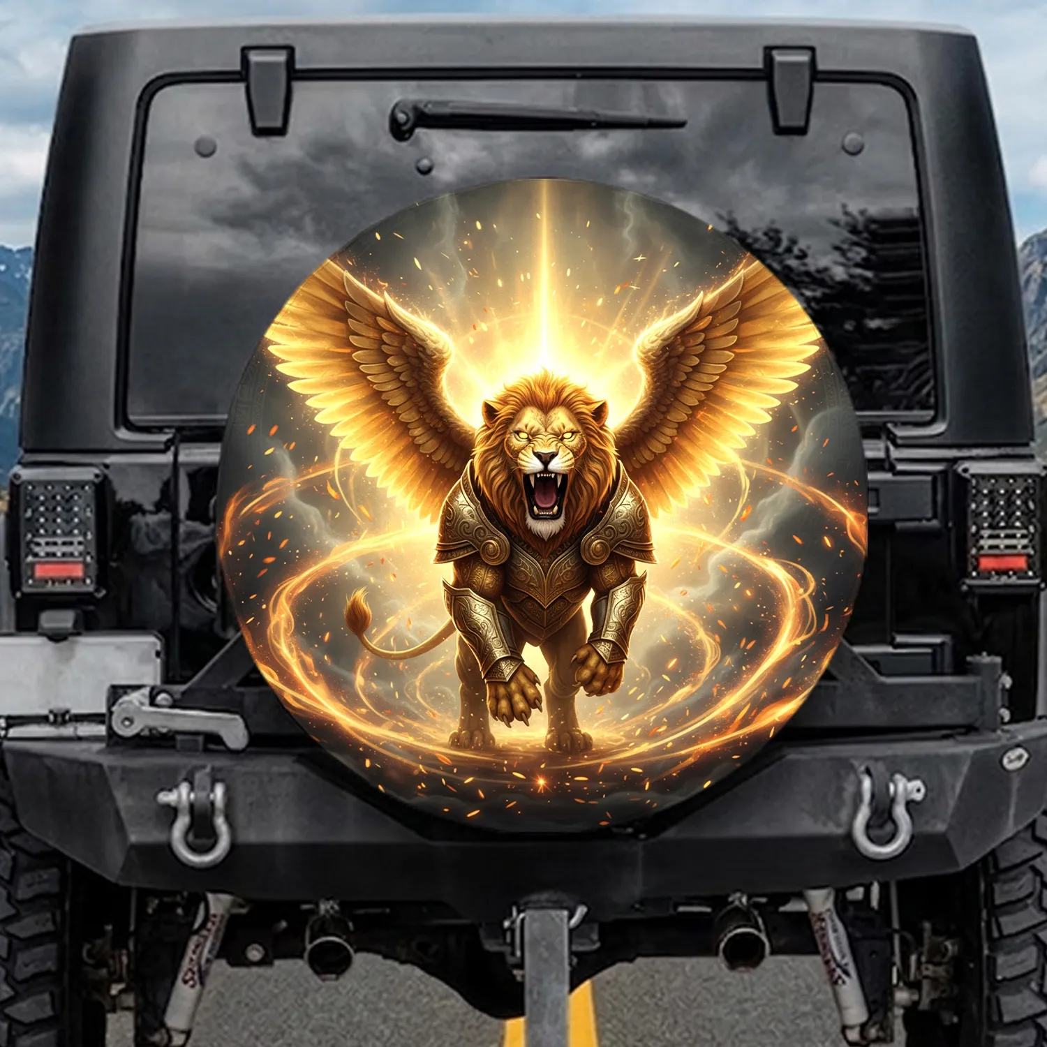 Roaring Golden Winged Lion Armored - Wildlife Lover Adventure Travel Accessory Spare Tire Cover - 1
