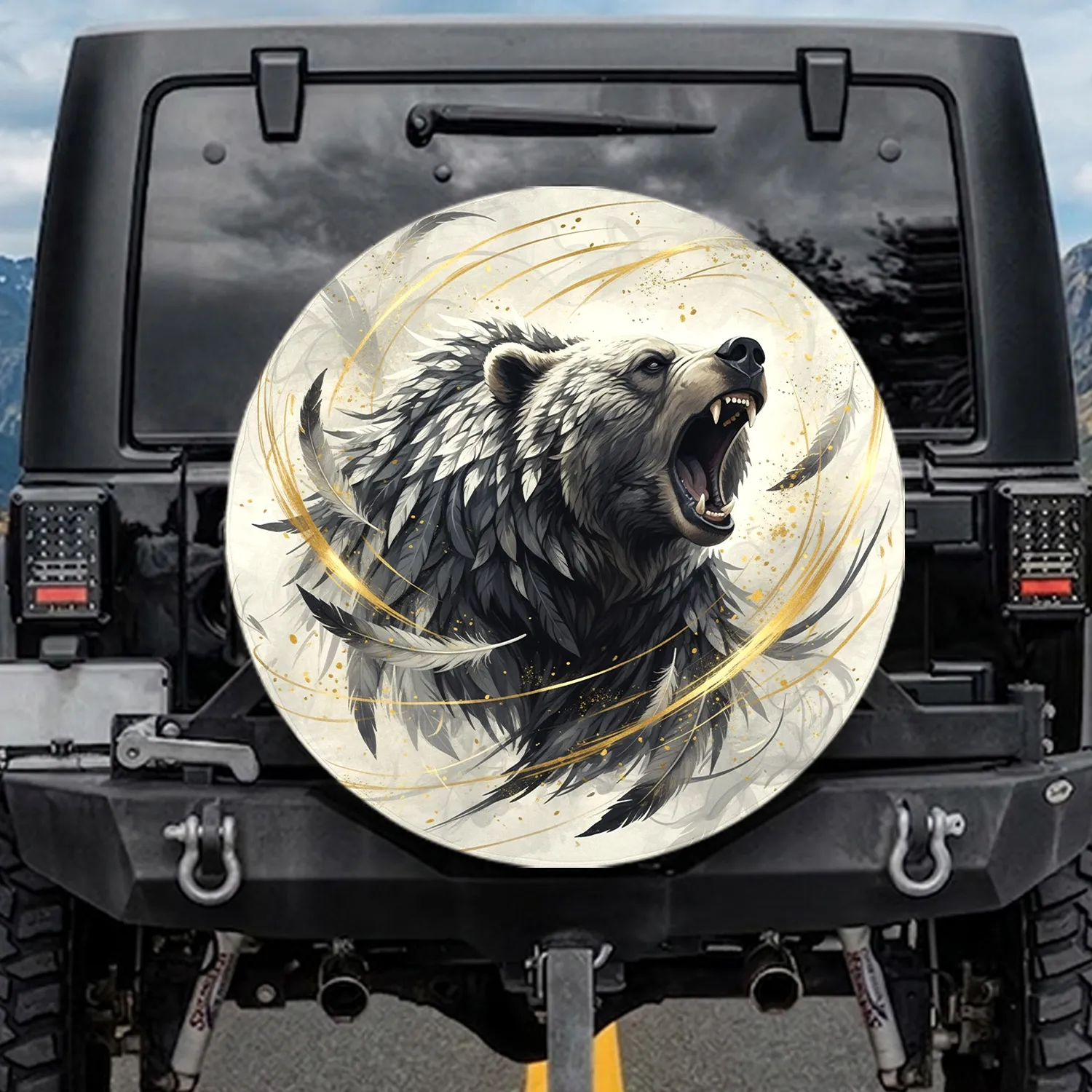Roaring Bear Head with Glowing Golden Energy Feather Motifs Wildlife Lover Gift Spare Tire Cover - 1