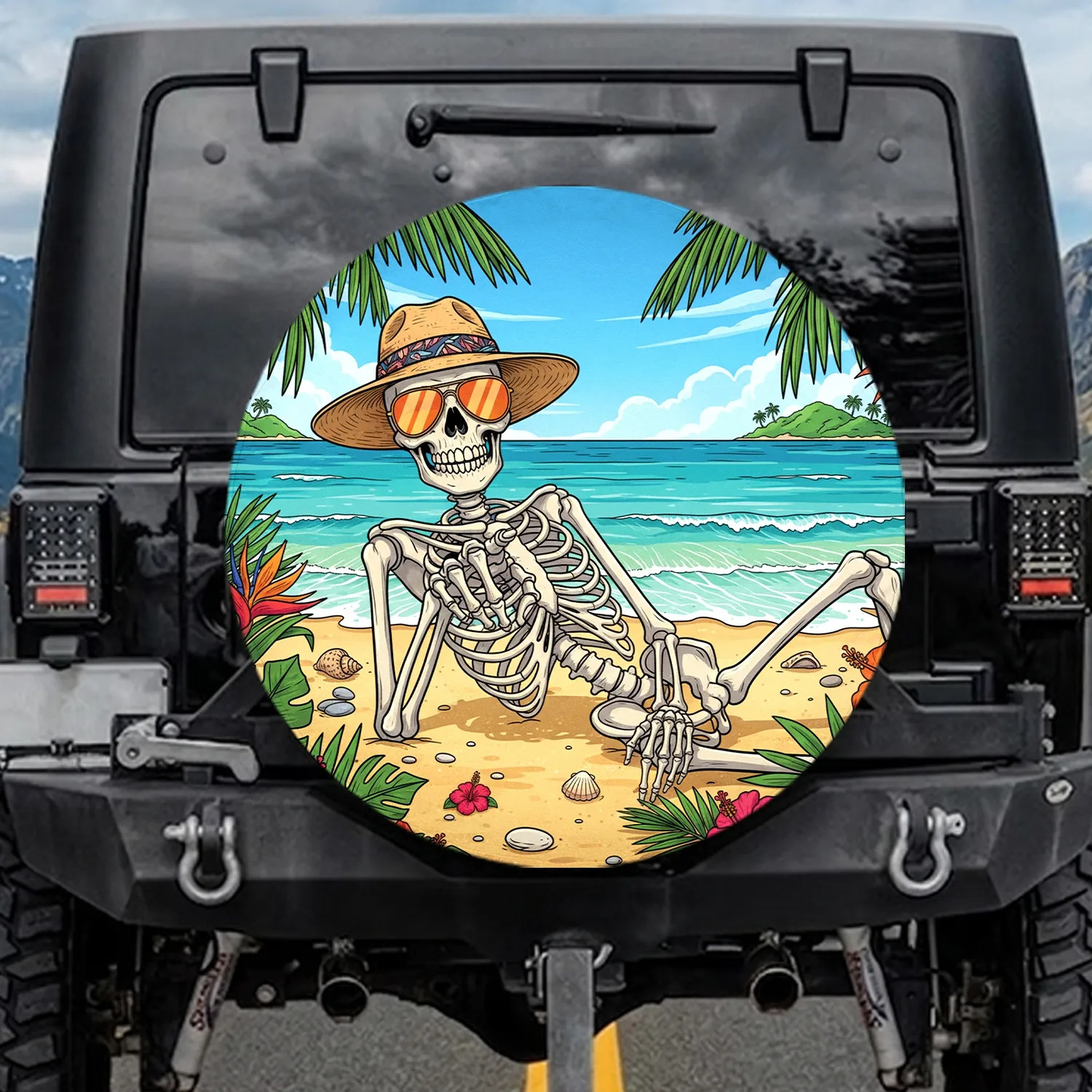 Skeleton Straw Fedora Sunglasses Tropical Beach - Home Decor Gift for Beach Lover Spare Tire Cover - 1