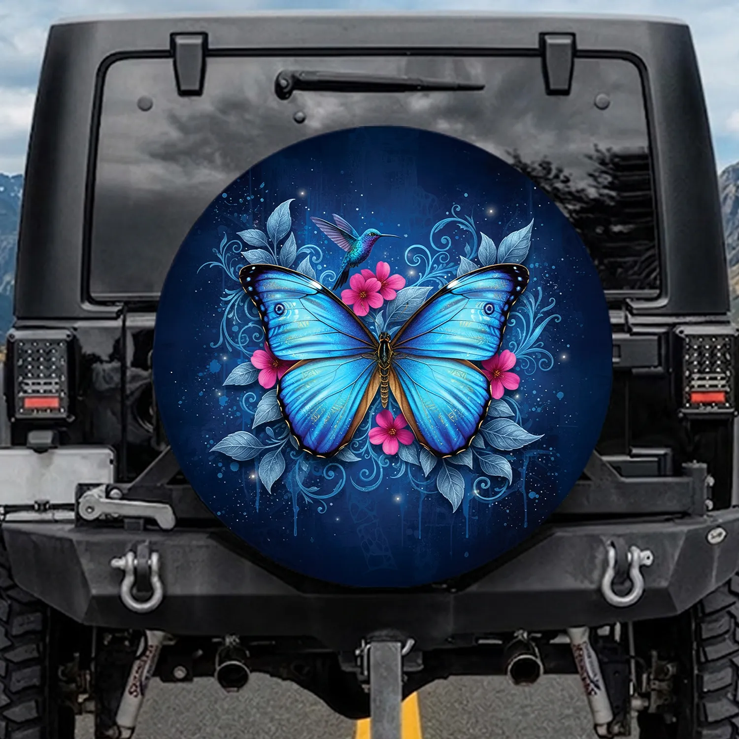 Majestic Blue Butterfly Hummingbird Pink Flowers Botanical Leaves - Nature Lover Gift Spare Tire Cover - 1