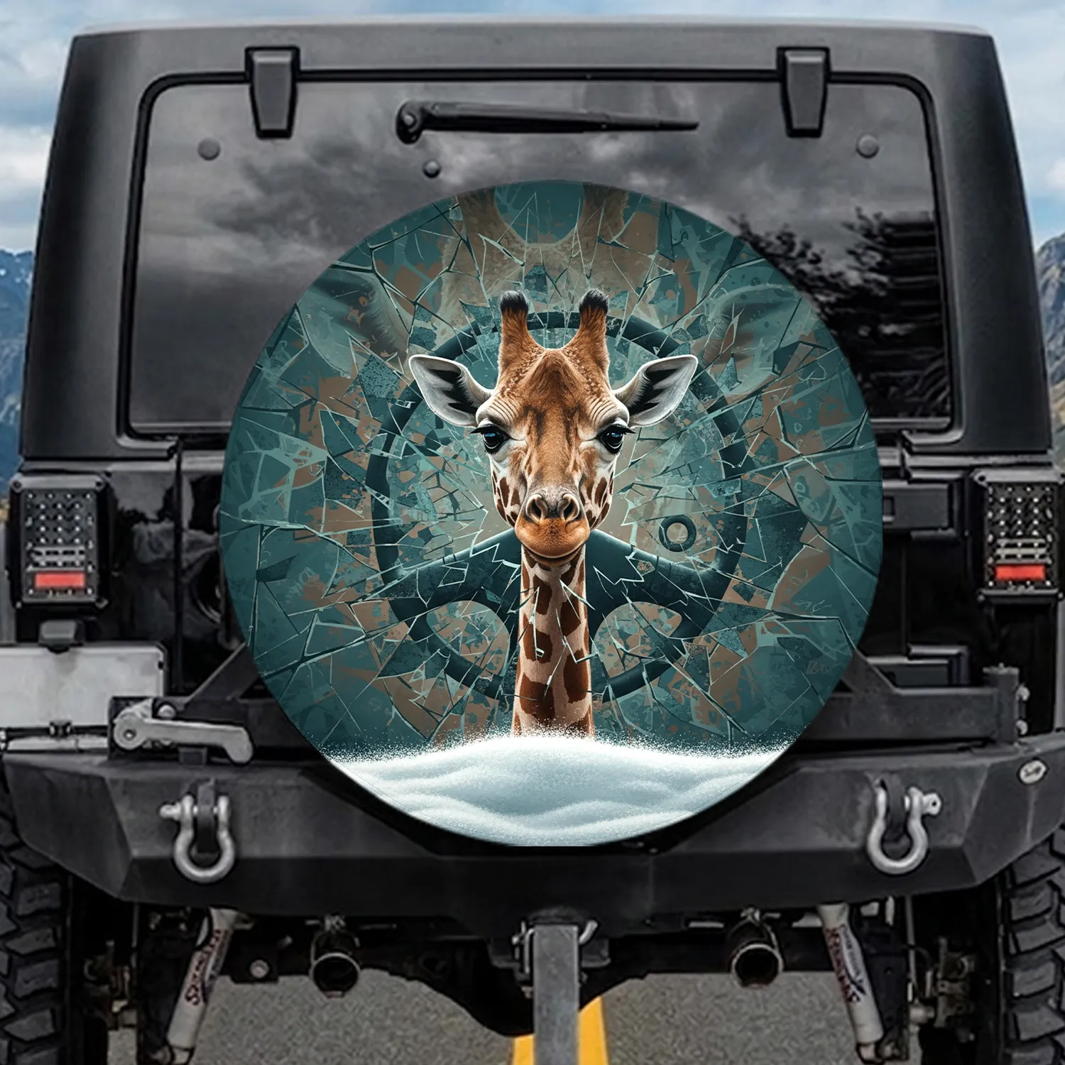 Majestic Giraffe Head, Shattered Ice Glass Snowdrift - Safari Wildlife Lover Gift Spare Tire Cover - 1