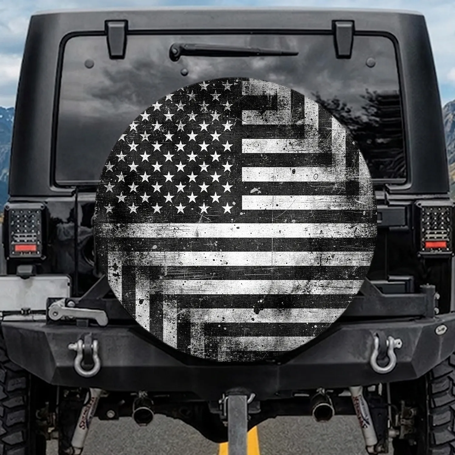 Distressed Monochrome American Flag - Independence Day Gift for Veterans Spare Tire Cover - 1