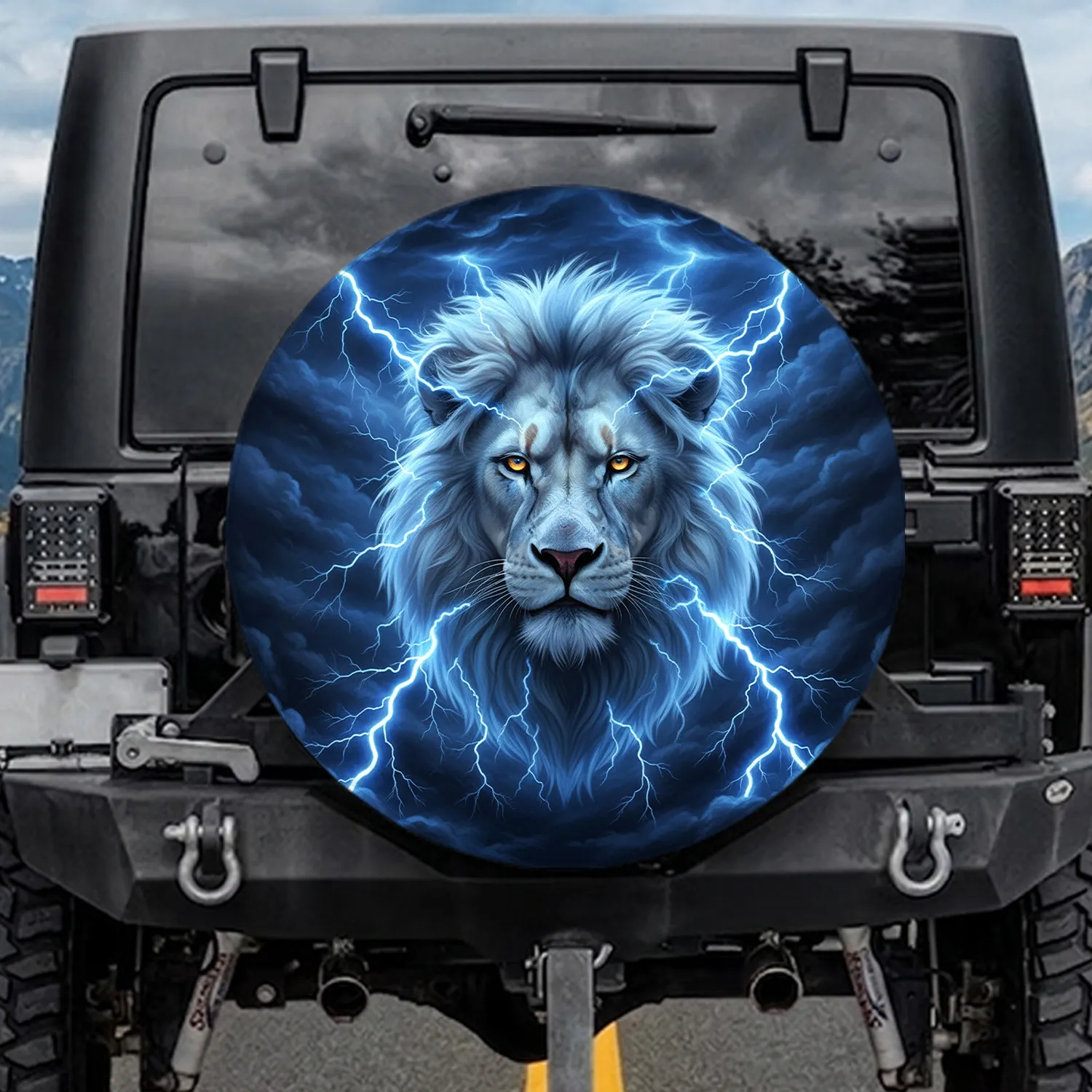 Fierce White Lion Face Electric Blue Lightning Storm - Adventure Seeker Gift Spare Tire Cover - 1