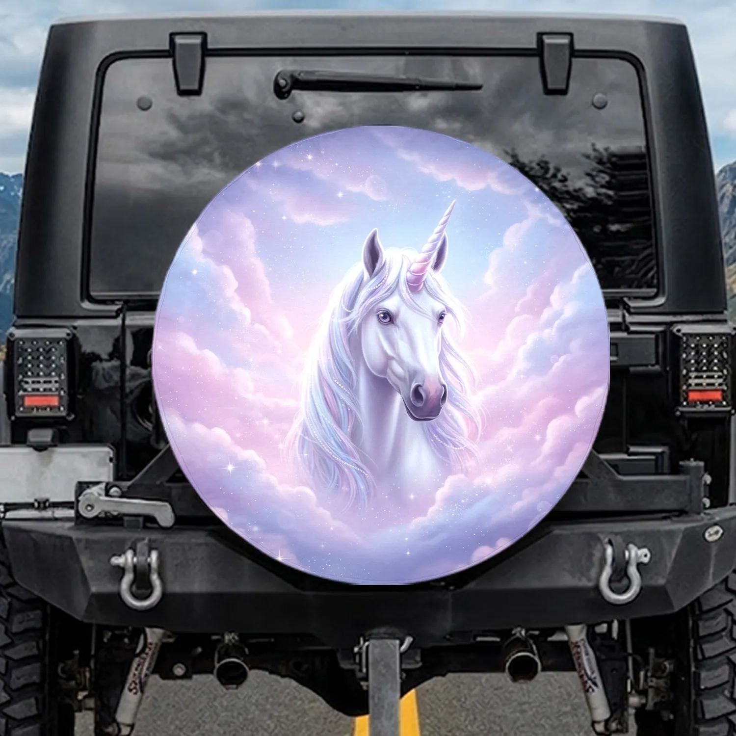 White Unicorn Luminescent Clouds Stars - Fantasy Lover Gift Spare Tire Cover - 1