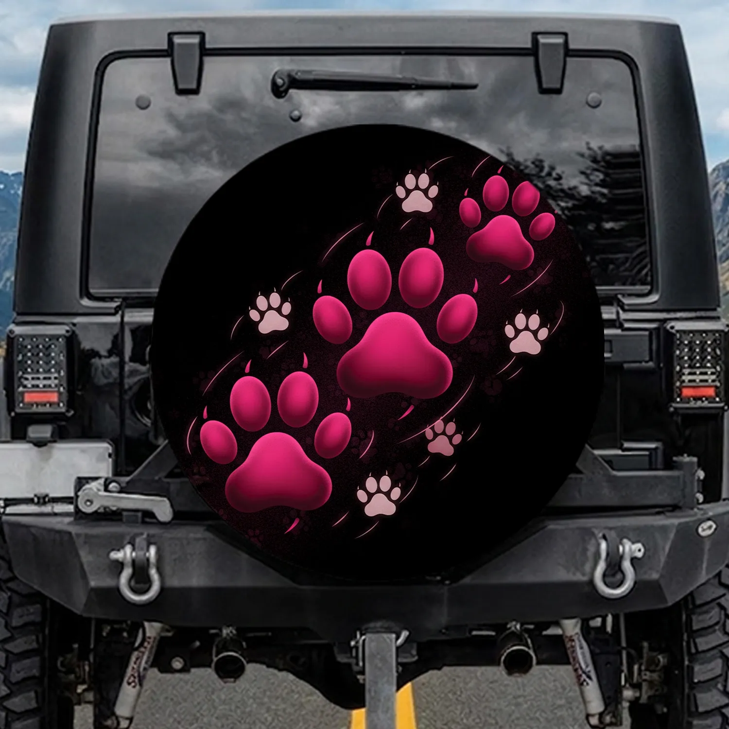 Fuchsia Pink Paw Print Symbols On Black Background - Pet Lover Home Decor Gift Spare Tire Cover - 1