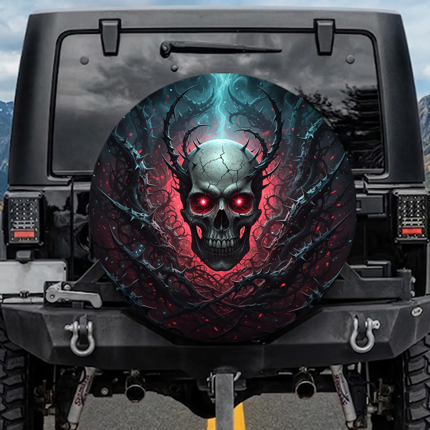 Ancient Weathered Skull Twisted Thorns Roots - Dark Fantasy Gift Spare Tire Cover - 1