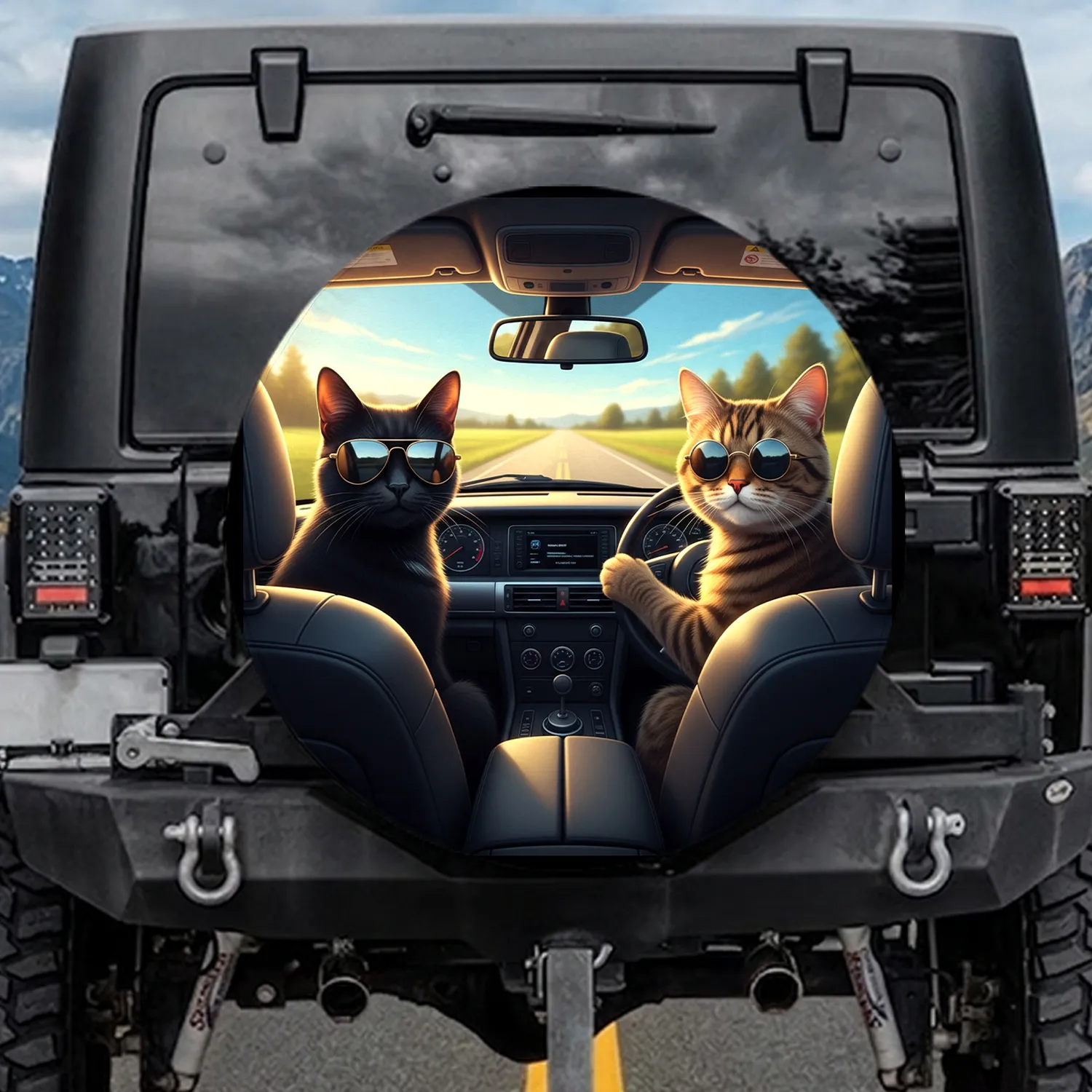 Black Cat Tabby Cat Sunglasses Driving - Road Trip Essentials Cat Owner Gift Spare Tire Cover - 1
