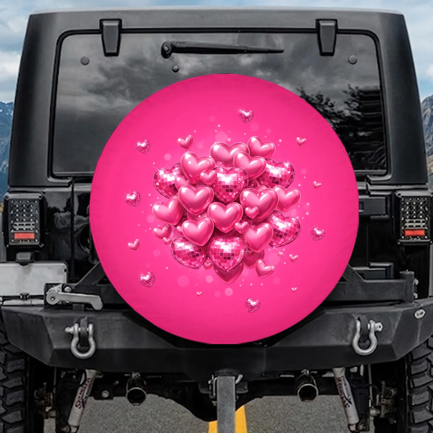Reflective Pink Hearts Disco Ball - Love Celebration Gift Spare Tire Cover - 1