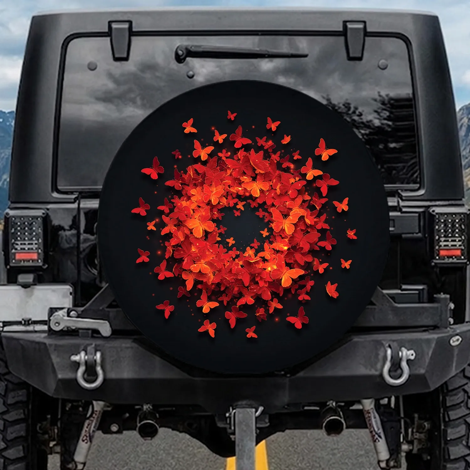 Layered Paper-Cut Red Orange Butterfly Swarm - Gift for Wildlife Lovers Spare Tire Cover - 1